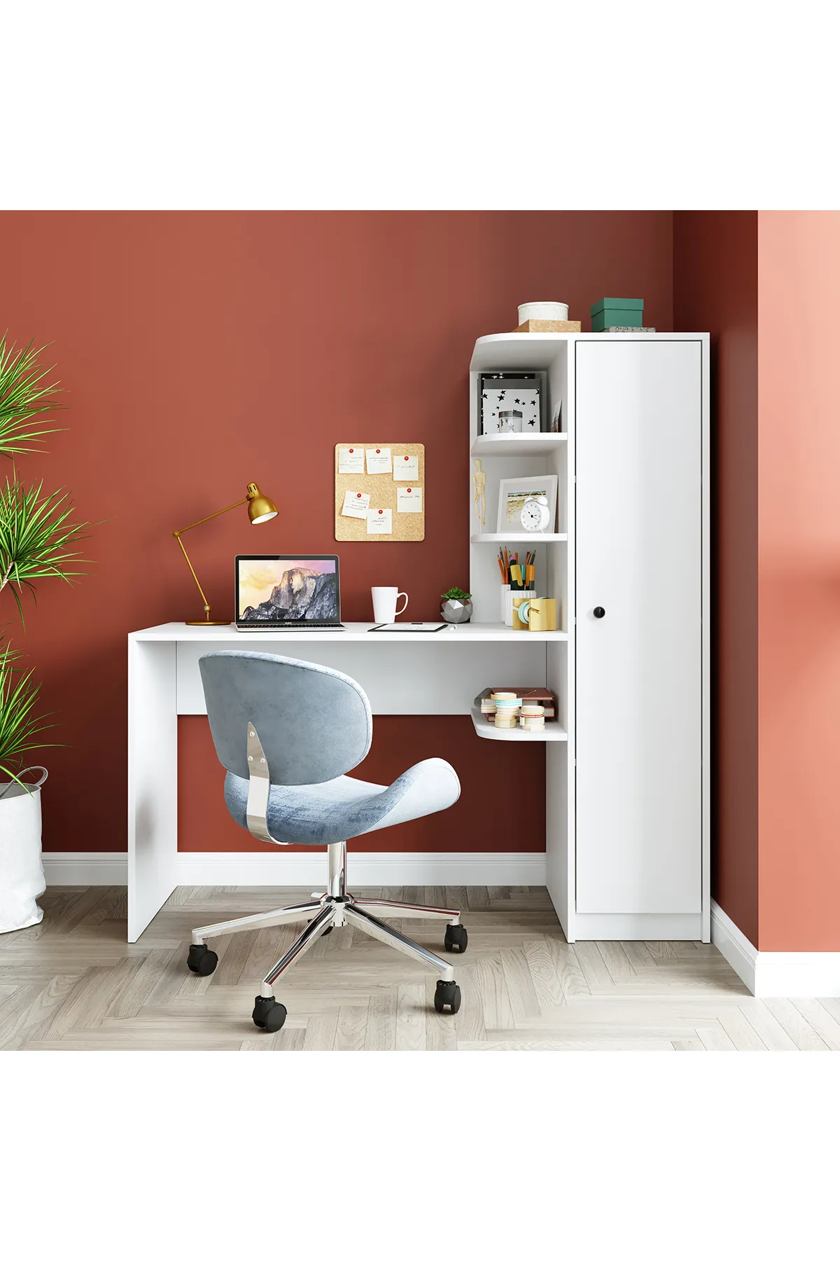 Roomart Roma Raflı Çalışma Masası, Çalışma Ofis Masası Sağ Dolap Mat Beyaz