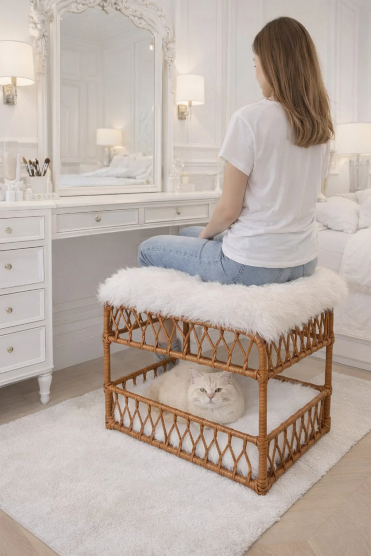 Tasaryum Peluş Yuvarlak Puf - 2'si 1 Arada Makyaj Taburesi ve Konforlu Kedi Yatağı, Kedi Ranzası - Kahverengi