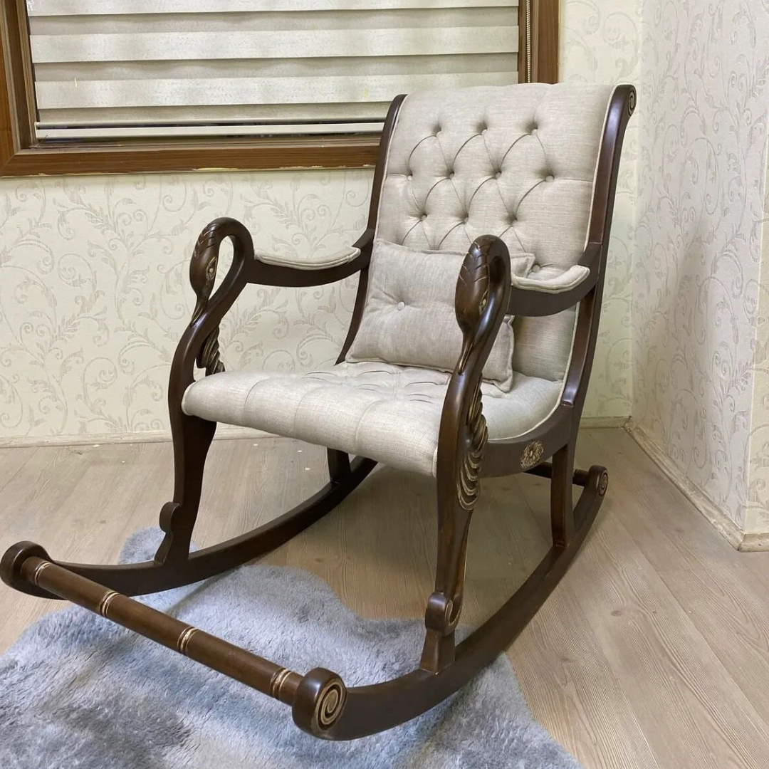 Asedia Vintage Kuğu Ceviz Krem El Oyması Ahşap Sallanan Sandalye Dinlenme Koltuğu Berjer