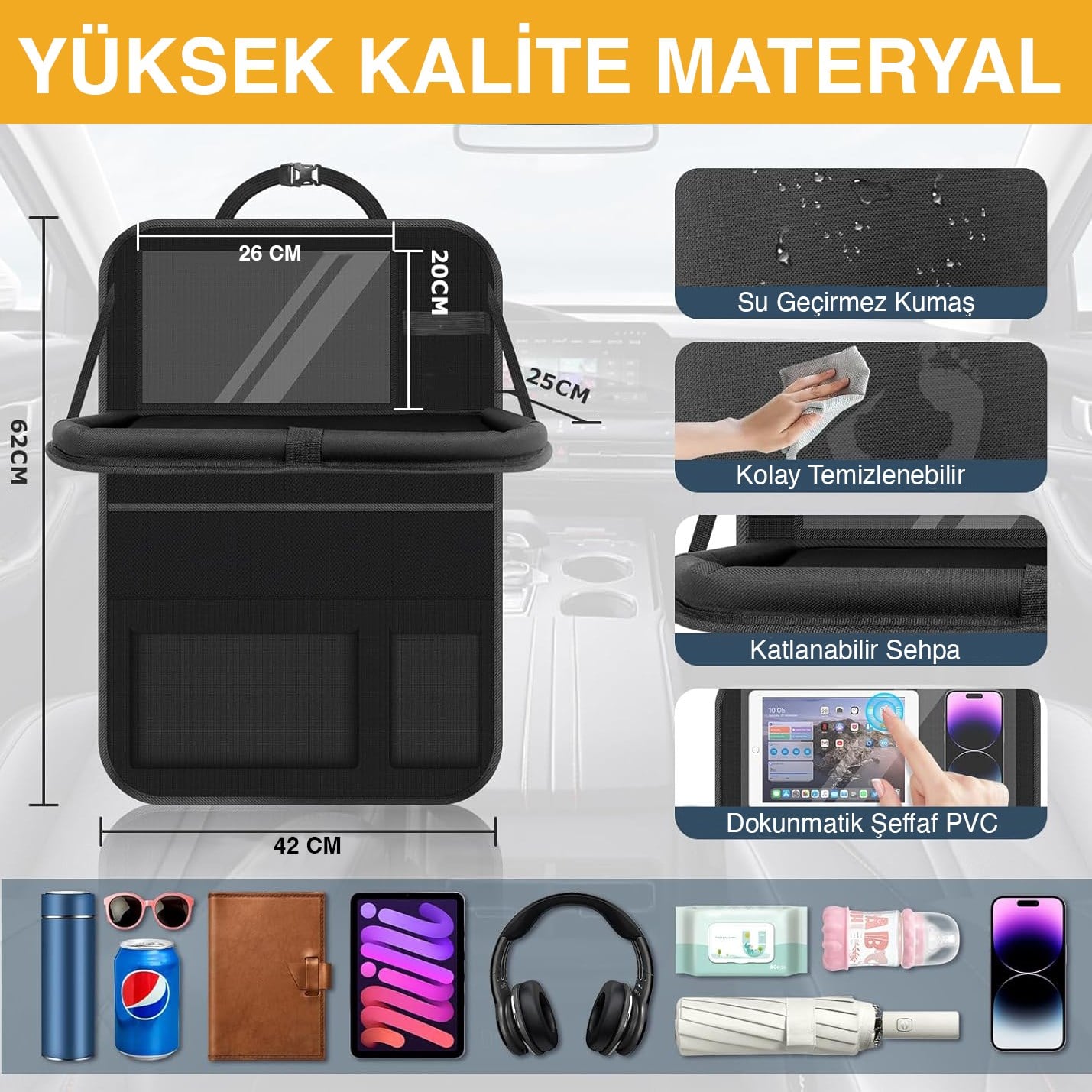 Haegs Araç Koltuk Arkası Düzenleyici, Araç içi Organizer Düzenleyici, Katlanır Sehpalı, Çocuk Tekmeleri için çok Fonksiyonlu Araba Koltuğu Sırt Koruyucu Paspas Mat, Tablet Bölmeli ve Çok Sayıda Cepli, Siyah