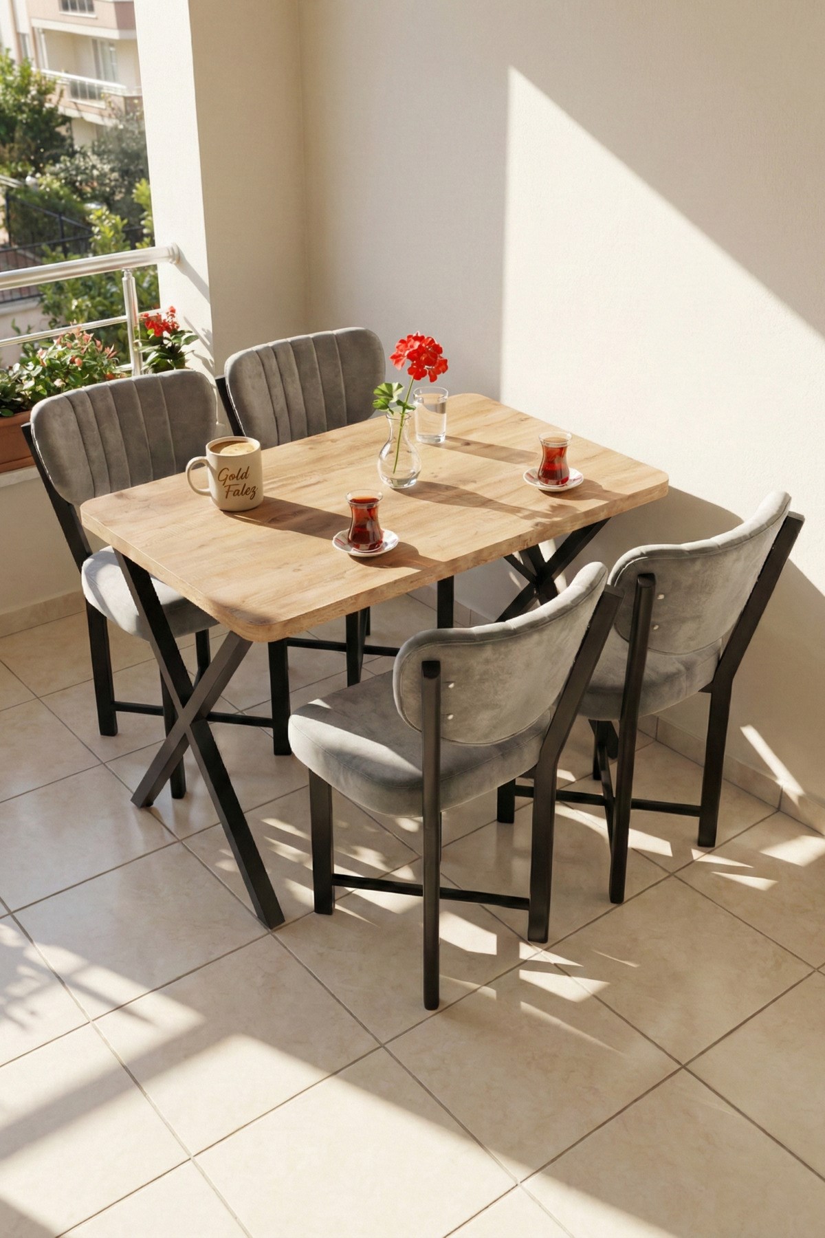 Reyo Falez Elma 110x70 cm Masa Takımı 4 Sandalyeli Modern Mutfak Balkon Kafe Yemek Masası Seti Atlantik Çam - Gri 9884