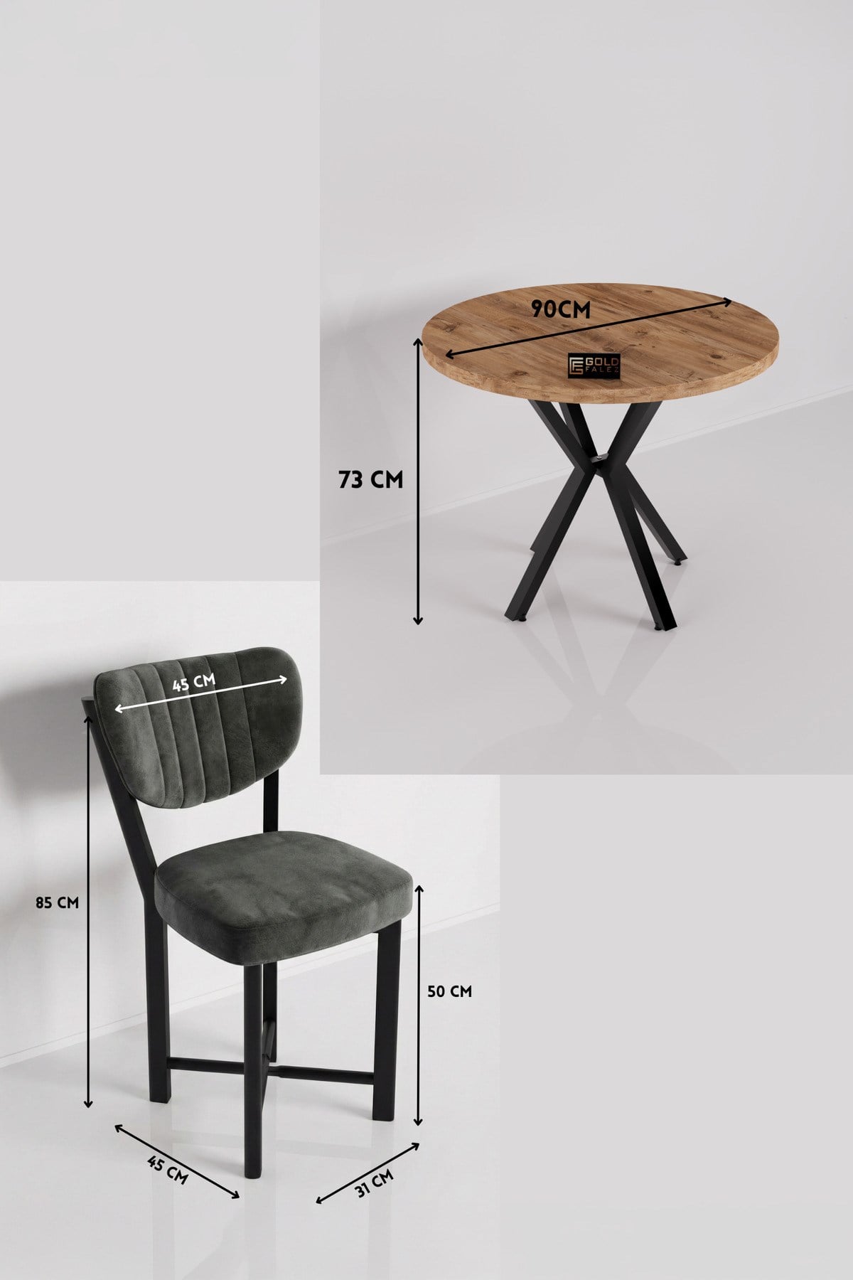 Reyo Falez Elma 90 cm 4 Sandalyeli Yuvarlak Masa Takımı Modern Mutfak Balkon Kafe Yemek Masası Seti - Antrasit 9865