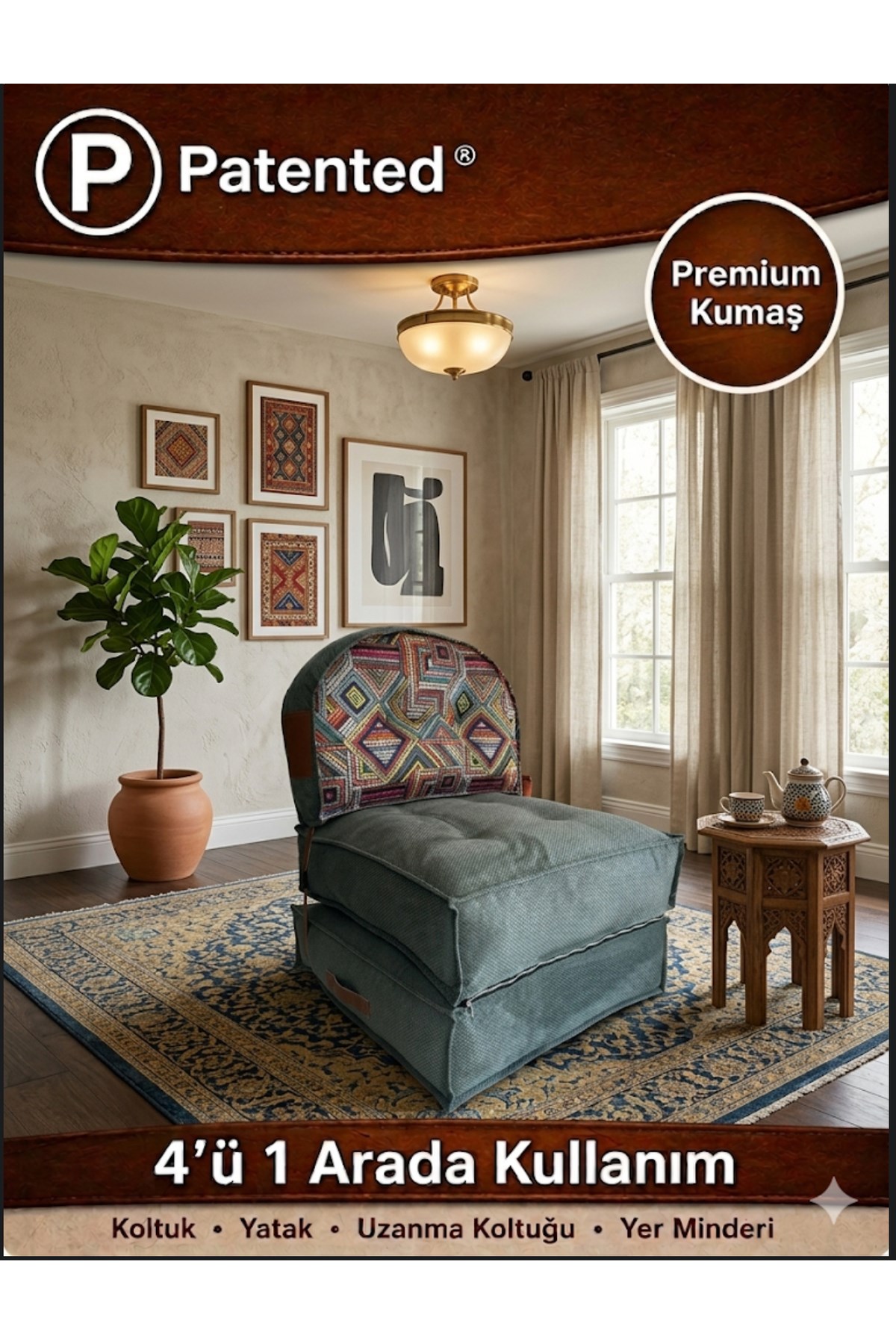 Pufymax Comfy Plus Oval Bohem Tekli Koltuk Yatak Olabilen Katlanır Berjer & Modüler Yer Yatağı 75x75x 90 cm Yeşil Desenli