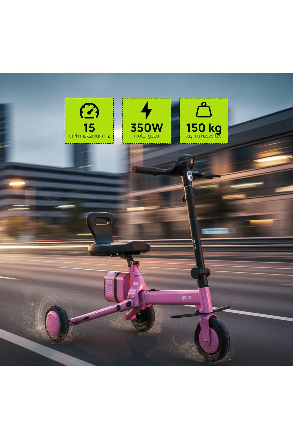 Igofor 3 Tekerlekli Katlanabilir Elektrikli Oturulabilir Scooter Pembe
