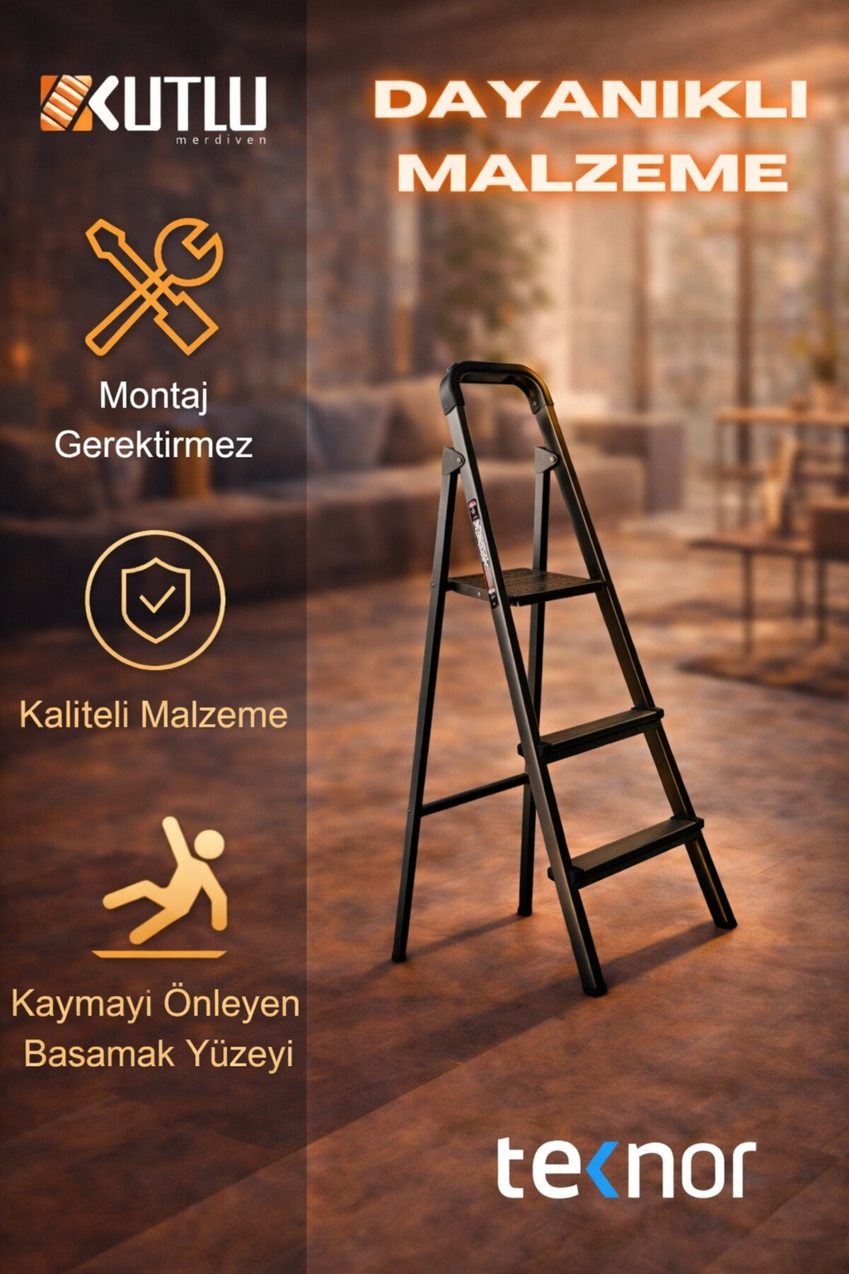 Reyo Kutlu Dayanıklı 2+1 Metal Basamaklı Katlanır Merdiven – Kaymaz Basamaklı Ev Tipi Portatif Merdiven