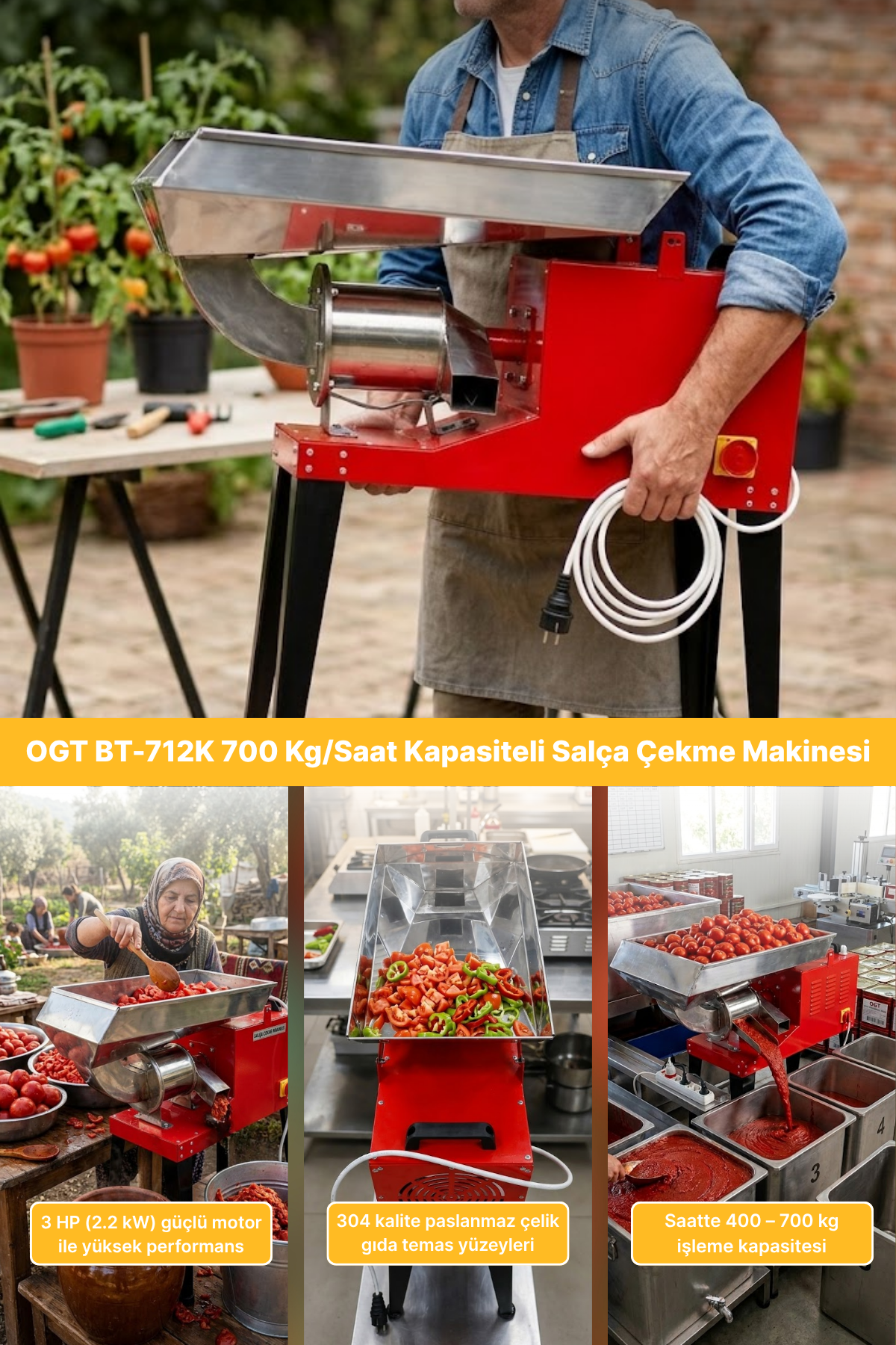OGT BT-712K 700 Kg/Saat Kapasiteli Kırmızı Ayaklı Profesyonel Domates Biber Salça Çekme Makinesi