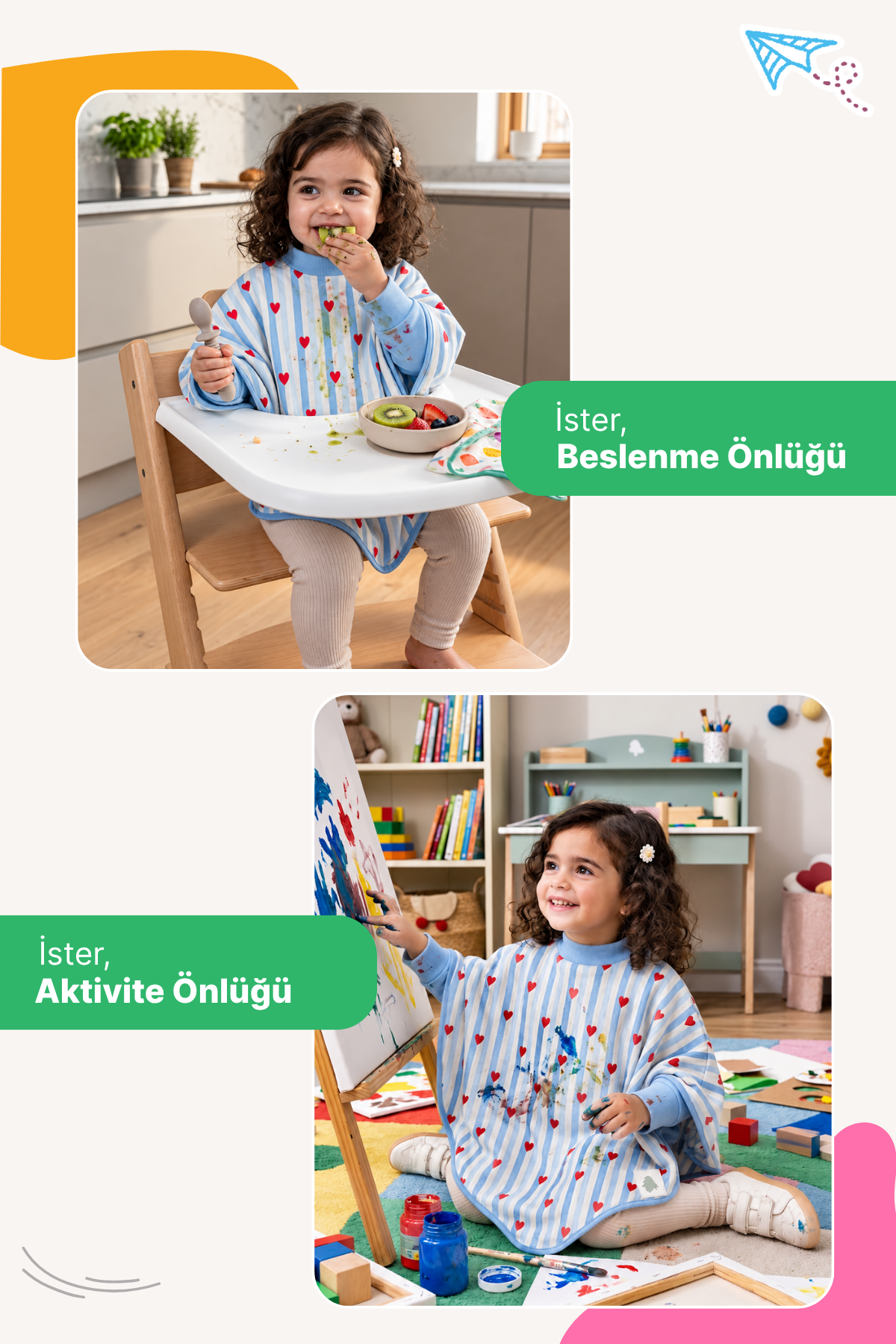 Reyo 6 Ay-6 Yaş Uzun Kollu Bebek Mama Önlüğü, Çocuk Aktivite Önlüğü, Pamuklu, Sıvı Geçirmez İç Katmanlı Havlu Bebek Beslenme Önlüğü - Love