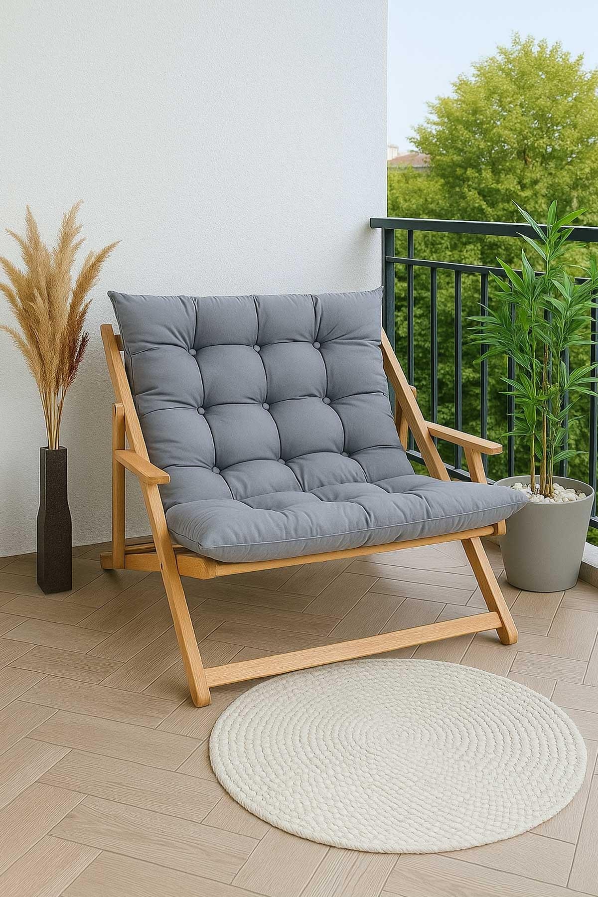 Bysay Ahşap Katlanabilir Kademeli Puf Minderli Ikili Kollu Şezlong İkili Koltuk Gri
