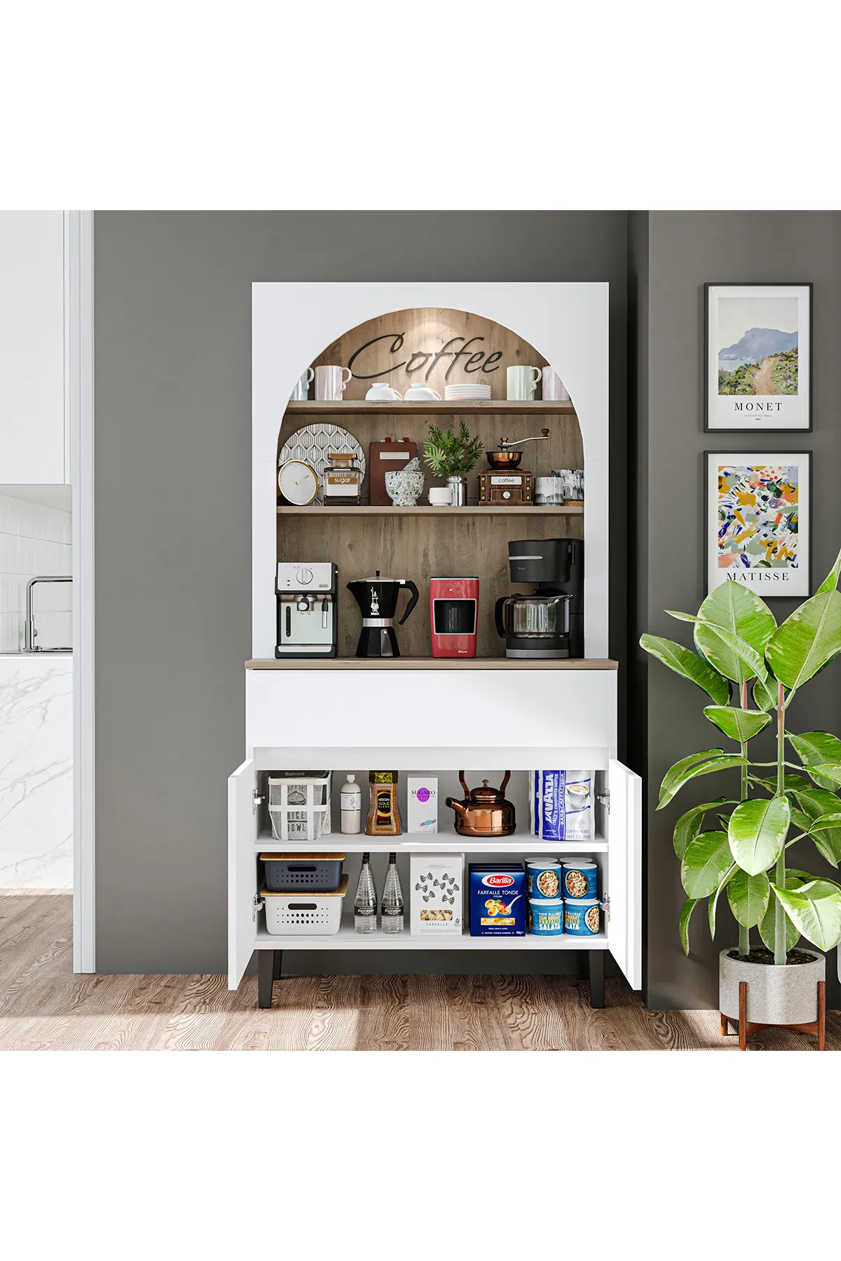 RoomArt Venedik Kahve Köşesi, Çok Amaçlı Dolap, 2 Kapaklı 1 Çekmeceli Kiler Dolabı, Mutfak Dolabı Beyaz Çam