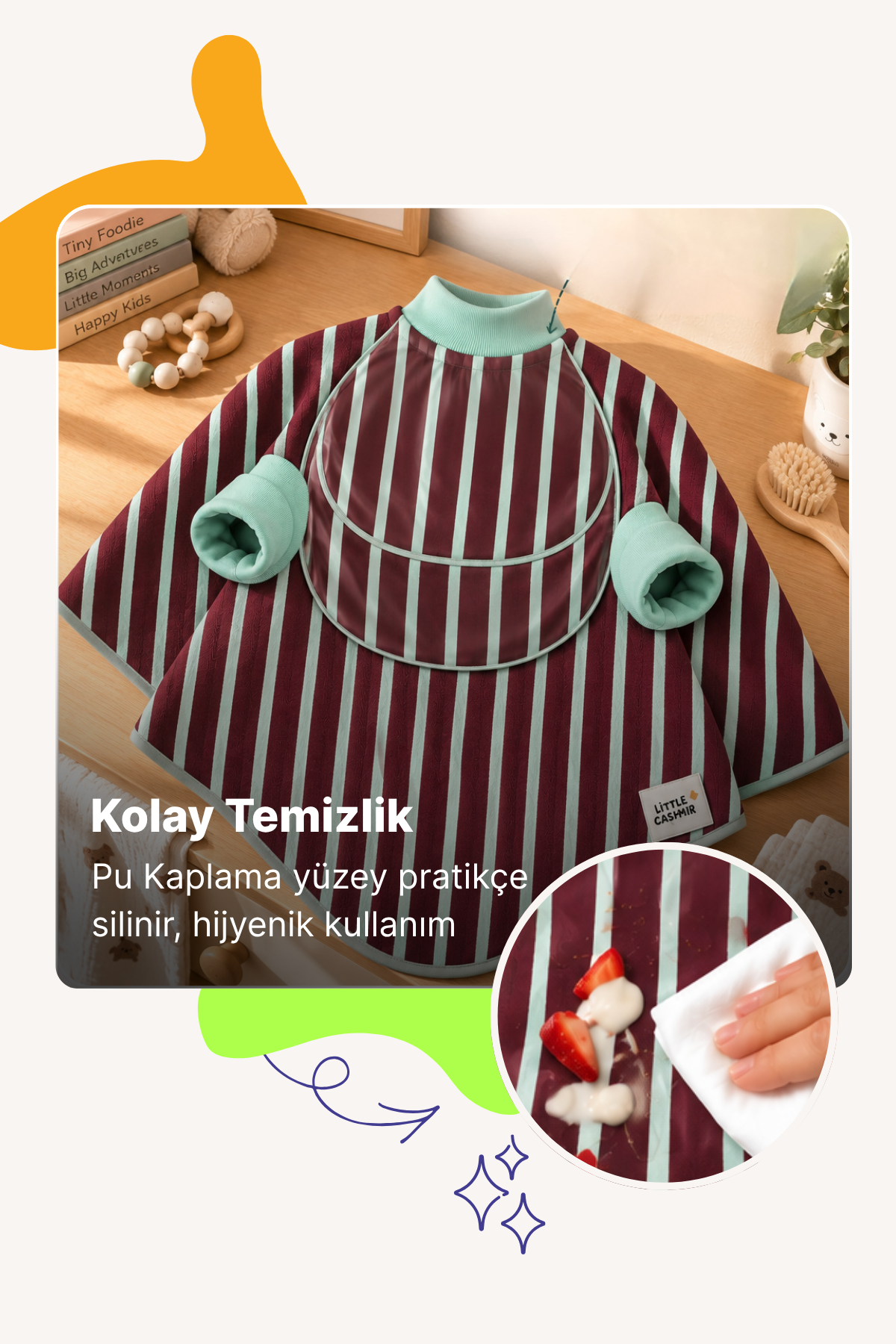 Reyo 6 Ay-6 Yaş Silinebilir Uzun Kollu Bebek Mama Önlüğü, Çocuk Aktivite Önlüğü, Pamuklu, Sıvı Geçirmez İç Katmanlı Havlu Bebek Beslenme Önlüğü - Çizgili