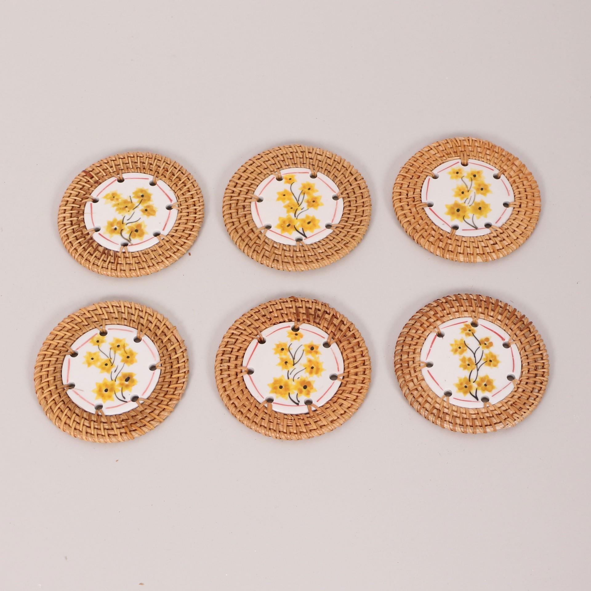 Mylamp Papatya 6'lı Doğal Rattan ve El Yapımı Seramikli Bardak Altlığı RTTSER-6KZ-05