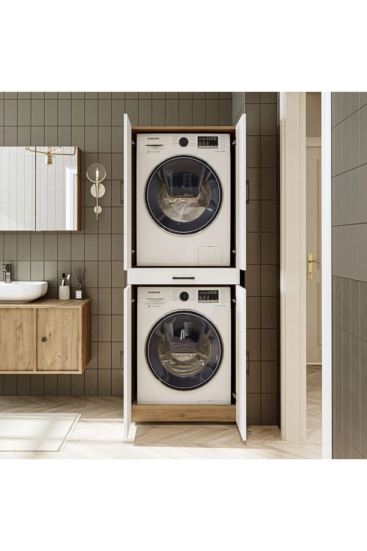 RoomArt Banyo Dolabı Kapaklı Çamaşır Ve Kurutma Makinesi Dolabı 70x185 cm Atlantik Çam - Mat Beyaz
