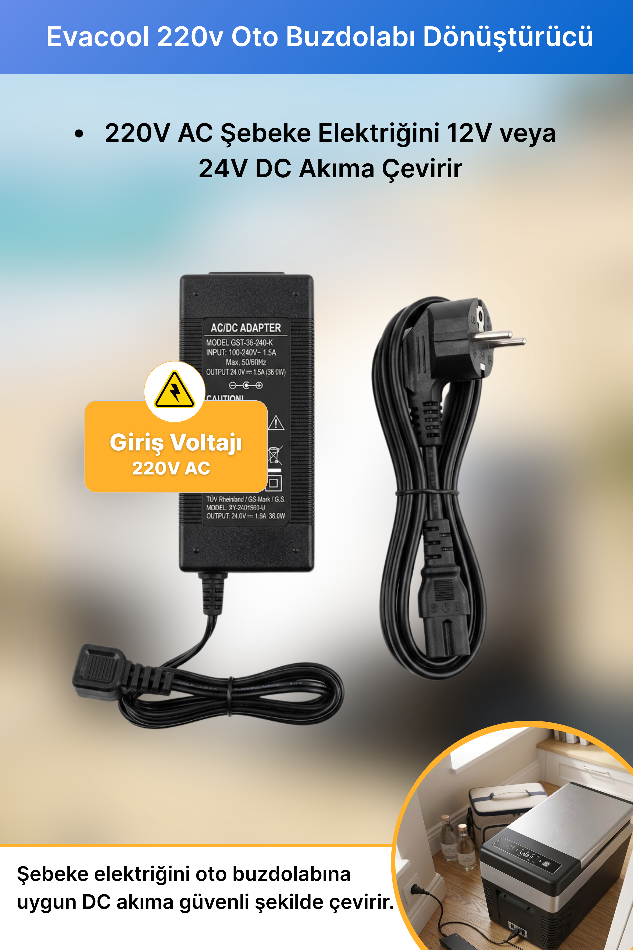 Evacool 220v Oto Buzdolabı Dönüştürücü Adaptör Ev Adaptörü