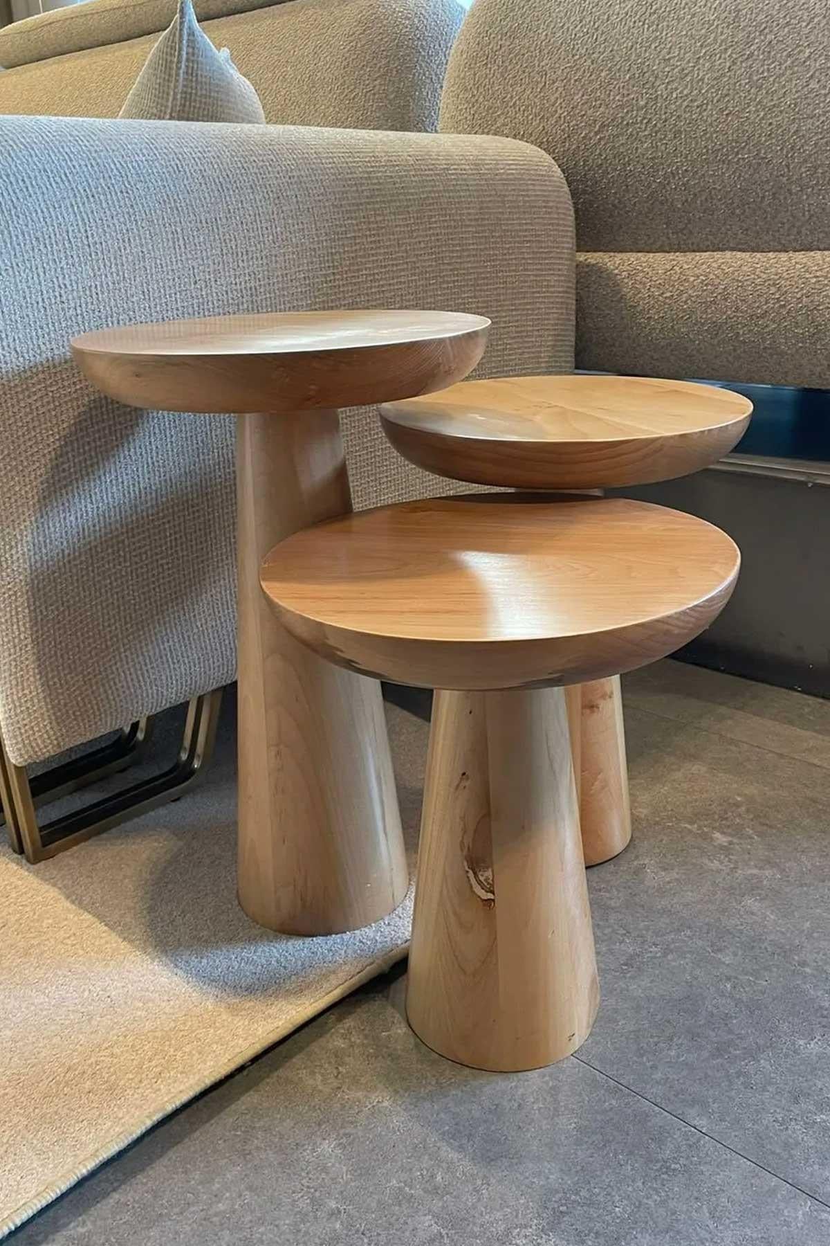 Reyo 3'lü Mushroom Zigon Sehpa Naturel Ahşap Ihlamur Ağacı Mantar Sehpa