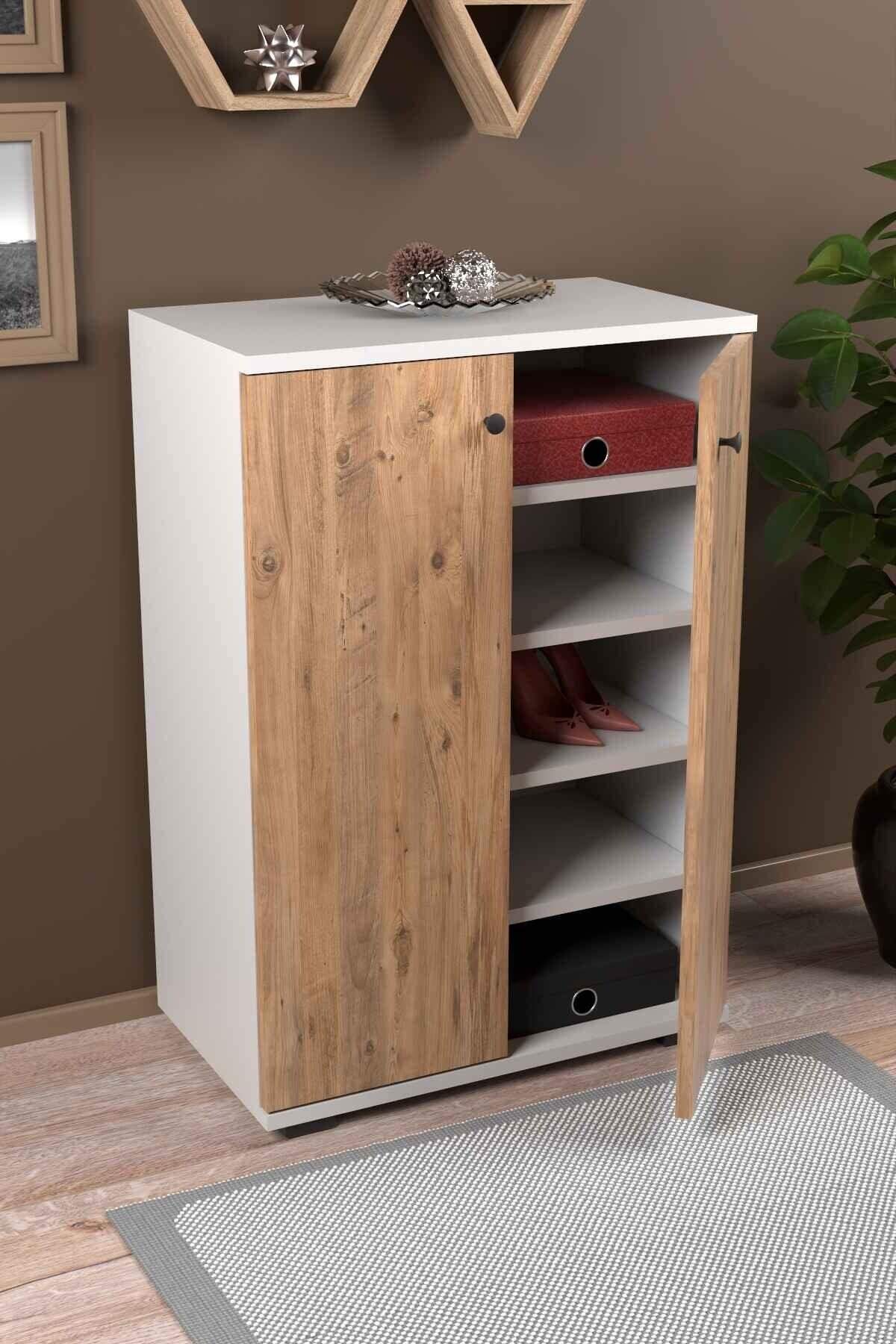 Reyo Falez Ayakkabılık Çok Amaçlı Dolap 5 Raflı 2 Kapaklı Çam-Beyaz