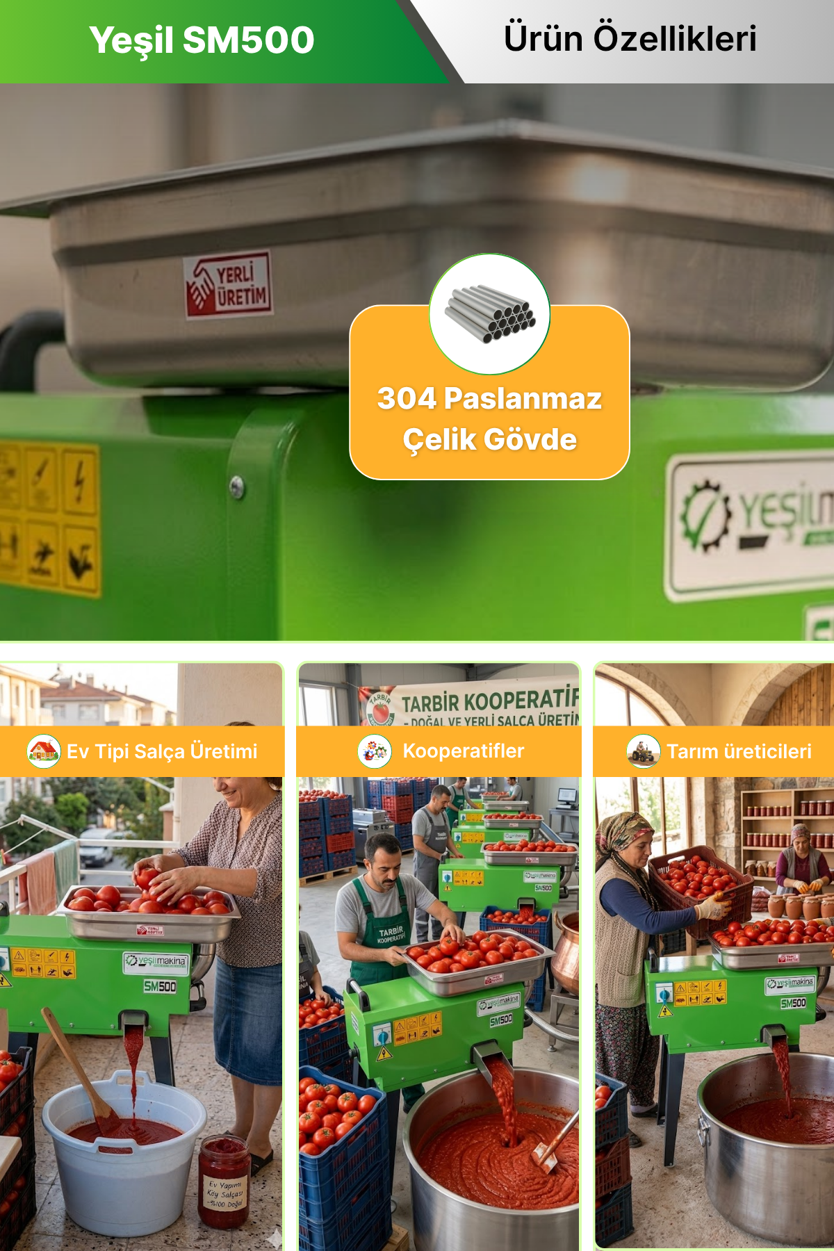 Yeşil SM500 220w 3 hp 500kg/s Salça Makinası
