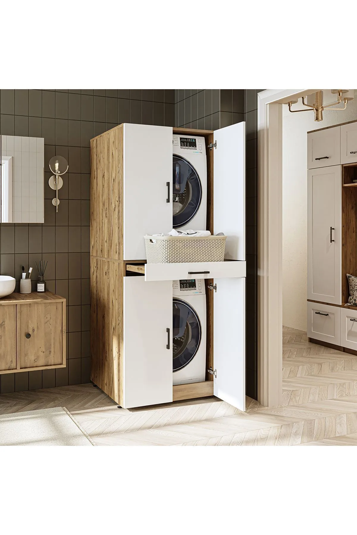 RoomArt Banyo Dolabı Kapaklı Çamaşır Ve Kurutma Makinesi Dolabı 70x185 cm Atlantik Çam - Mat Beyaz