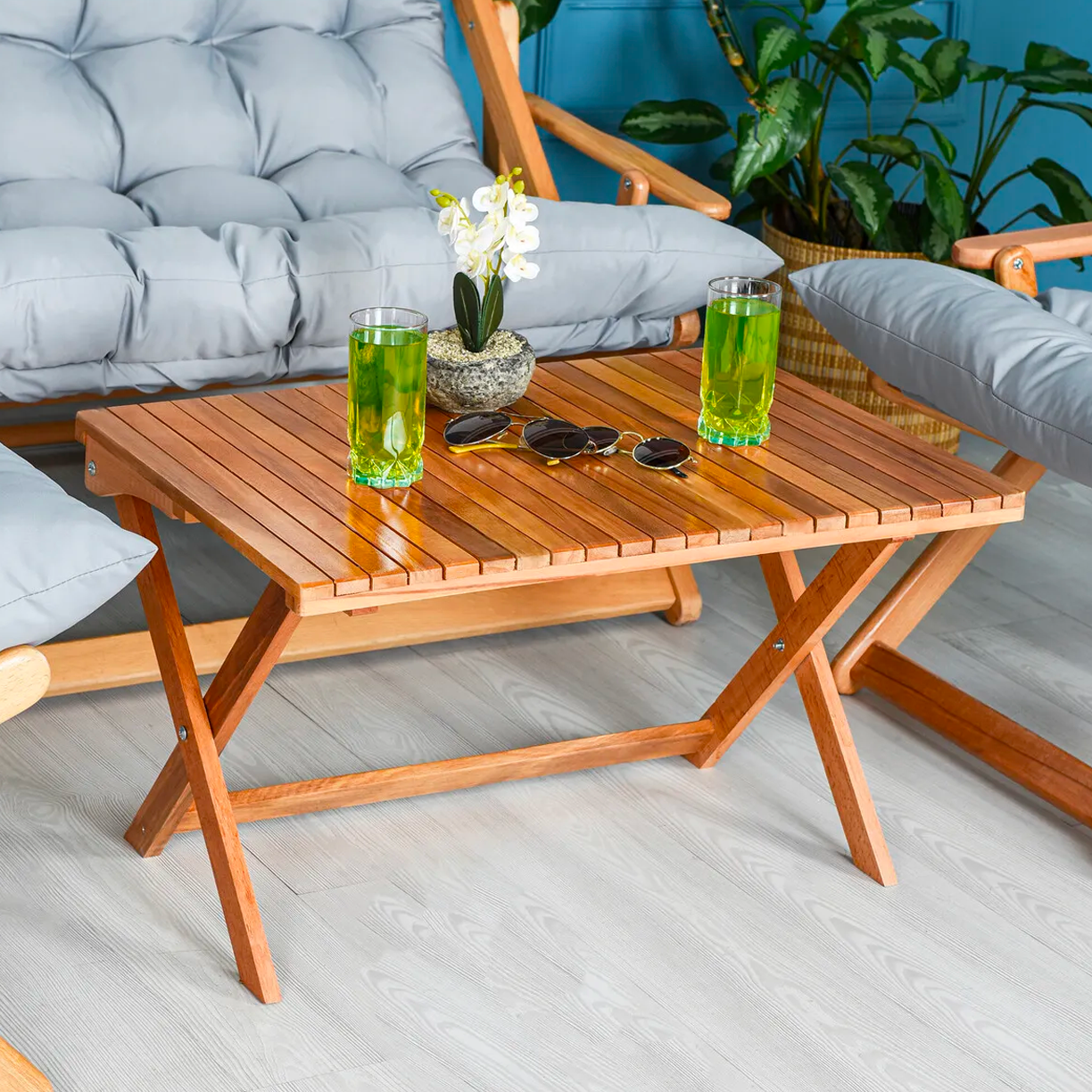 Bysay Ahşap Katlanabilir Taşinir Puf Minderli Kollu Şezlong Plaj Bahçe Teras Balkon Sandalyesi Koltuğu Takimi 4 Lü Set Gri