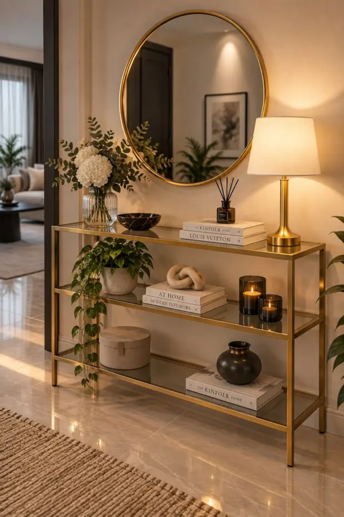Reyo Celestina Şeffaf Camlı Gold Metal Salon Konsol Ünitesi 100cm