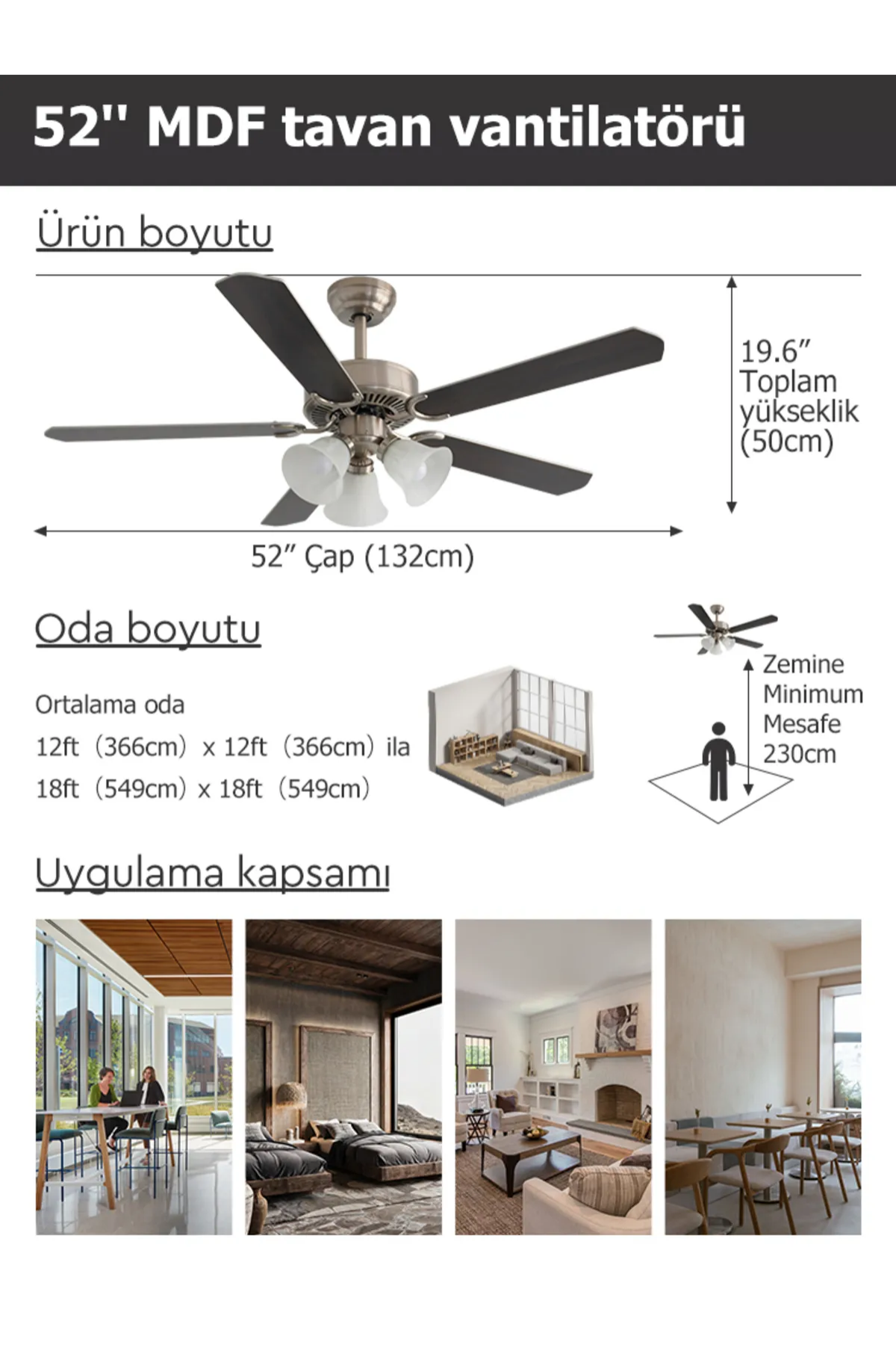 Dlc Brisote 132cm Mat Krom Motor 3 Lambalı Tavan Vantilatörü 