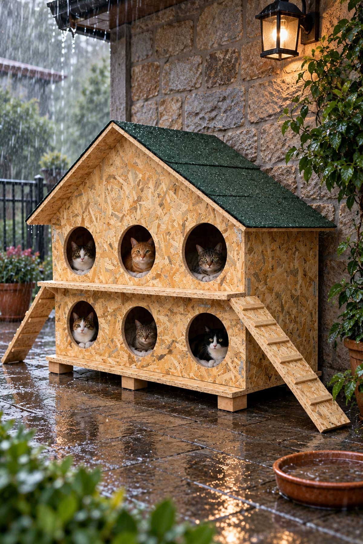 Melada Kedi Evi Dış Ortam Uygun Ahşap Kedi Evi OSB 100X95X50 cm MLD0CAT27