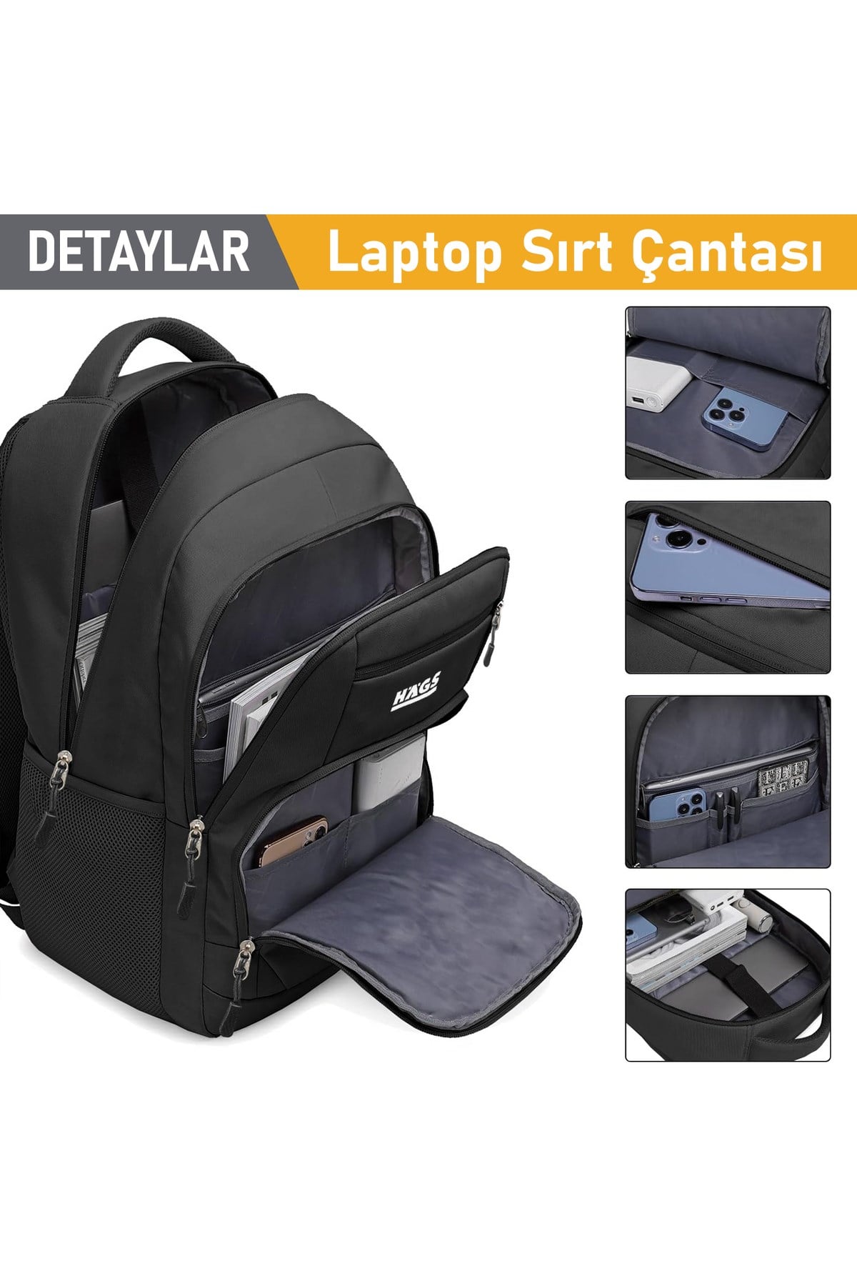 Haegs Laptop Sırt Çantası, Multi Cepli İş Seyahat Çantası, Dizüstü Bilgisayar Sırt Çantası, Suya Dayanıklı, Kolej Bilgisayar Çantası, Kadınlar ve Erkekler İçin Çok Bölmeli Organizer Çanta - Siyah
