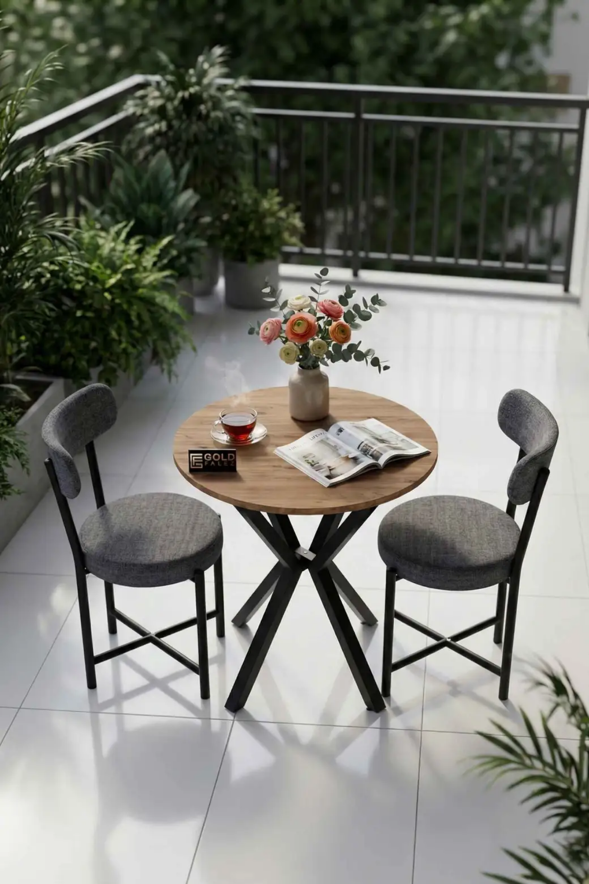 Reyo Falez Teddy Mutfak Masası 70 Çap, Yuvarlak, 2 Sandalyeli  Bahçe Balkon Masa Takımı Modern Set Atlantik Çam-Gri