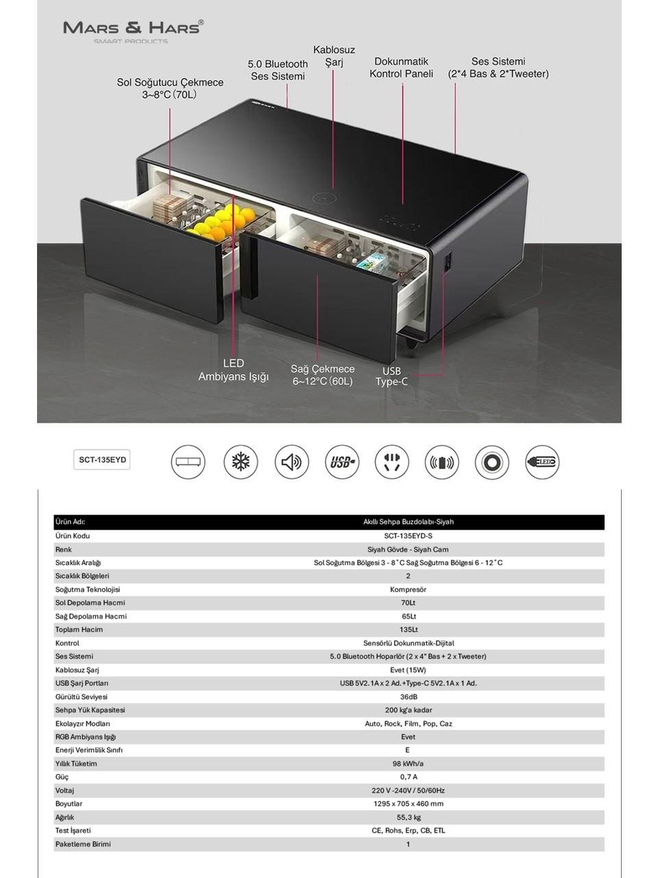 Mars&Hars SCT135S Kompresörlü Akıllı Sehpa Buzdolabı Bluetooth Haparlör-Siyah Renk