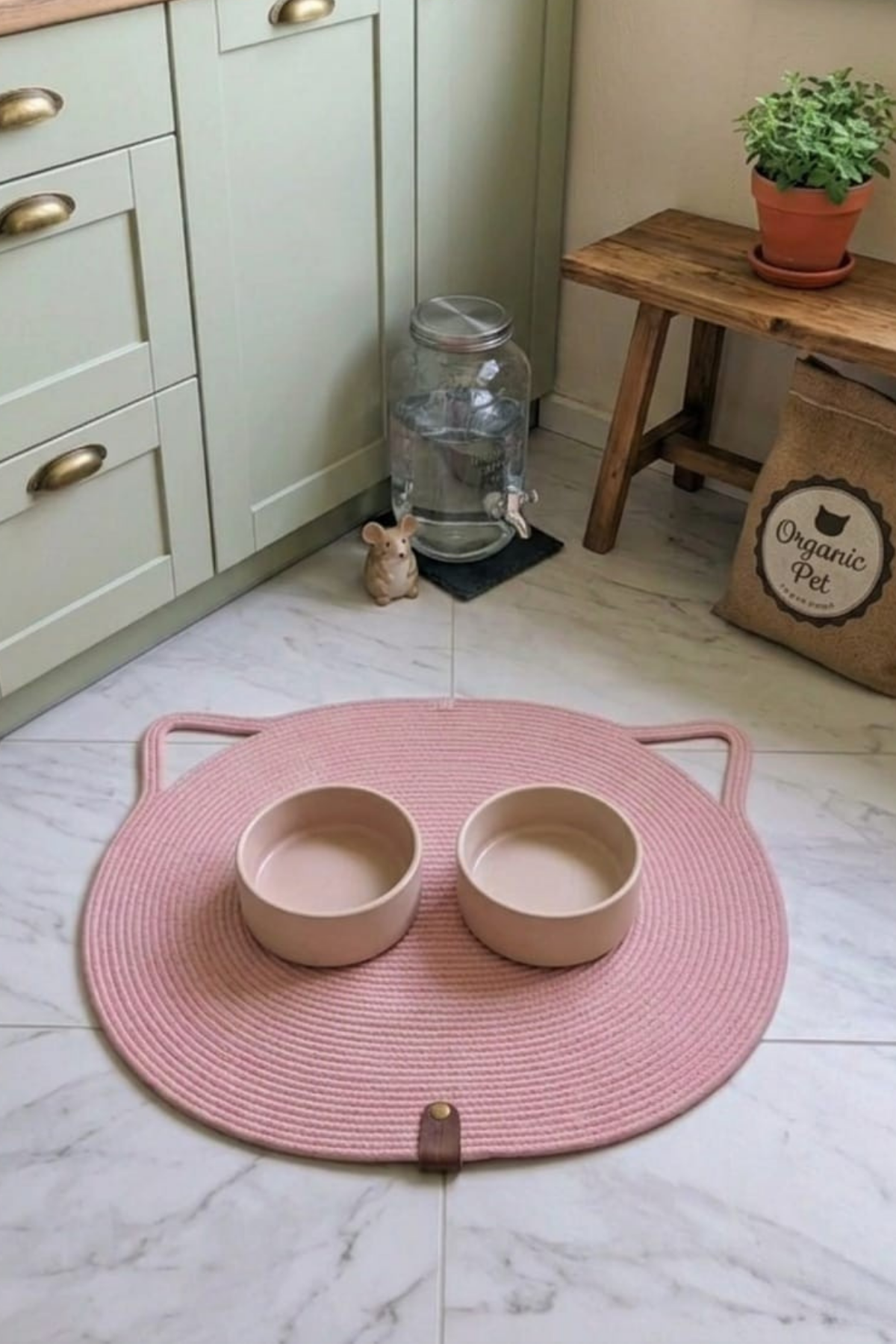 Reyo Pet El Yapımı Kedi Kulaklı Tırmalama Matı, Kedi ve Köpek Mama Matı %100 Pamuk Pembe
