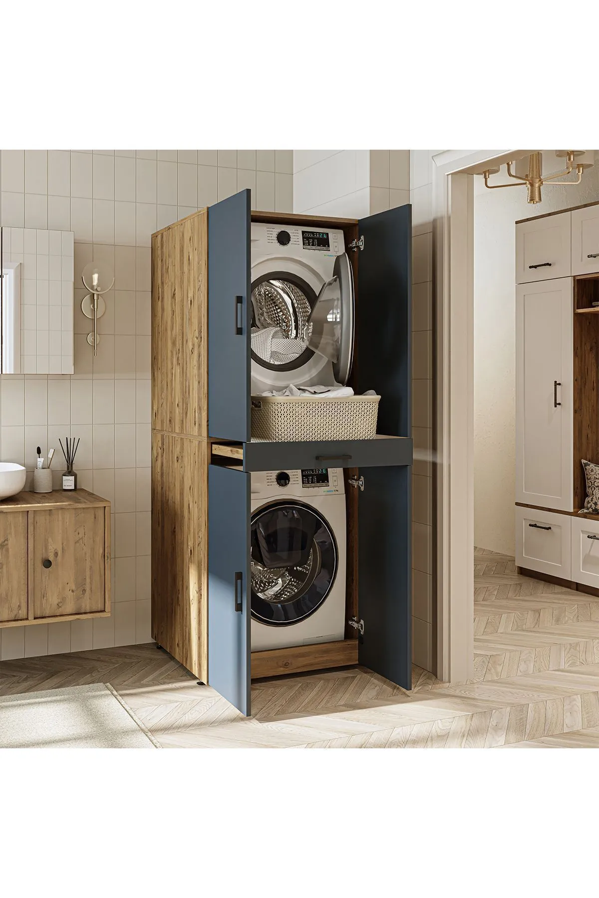RoomArt Banyo Dolabı Kapaklı Çamaşır Ve Kurutma Makinesi Dolabı 70x185 cm Atlantik Çam - Antrasit