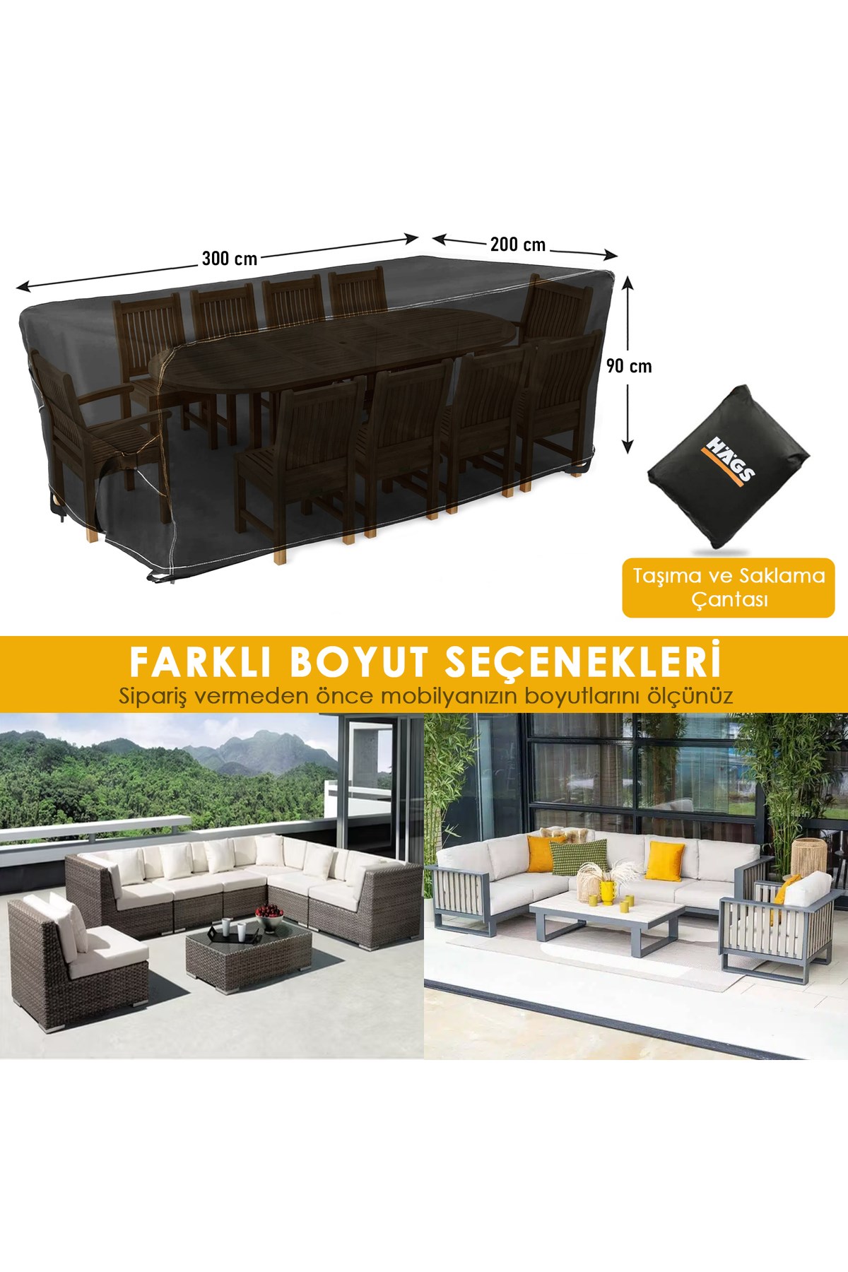 Haegs Bahçe Mobilyası Örtüsü, 300-200-90cm, Ağır Hizmet Oxford Kumaş, Su Geçirmez, Dış Mekan Veranda Masa Örtüsü, Havalandırmalı Masa ve Sandalye Koruma Kılıfı Siyah
