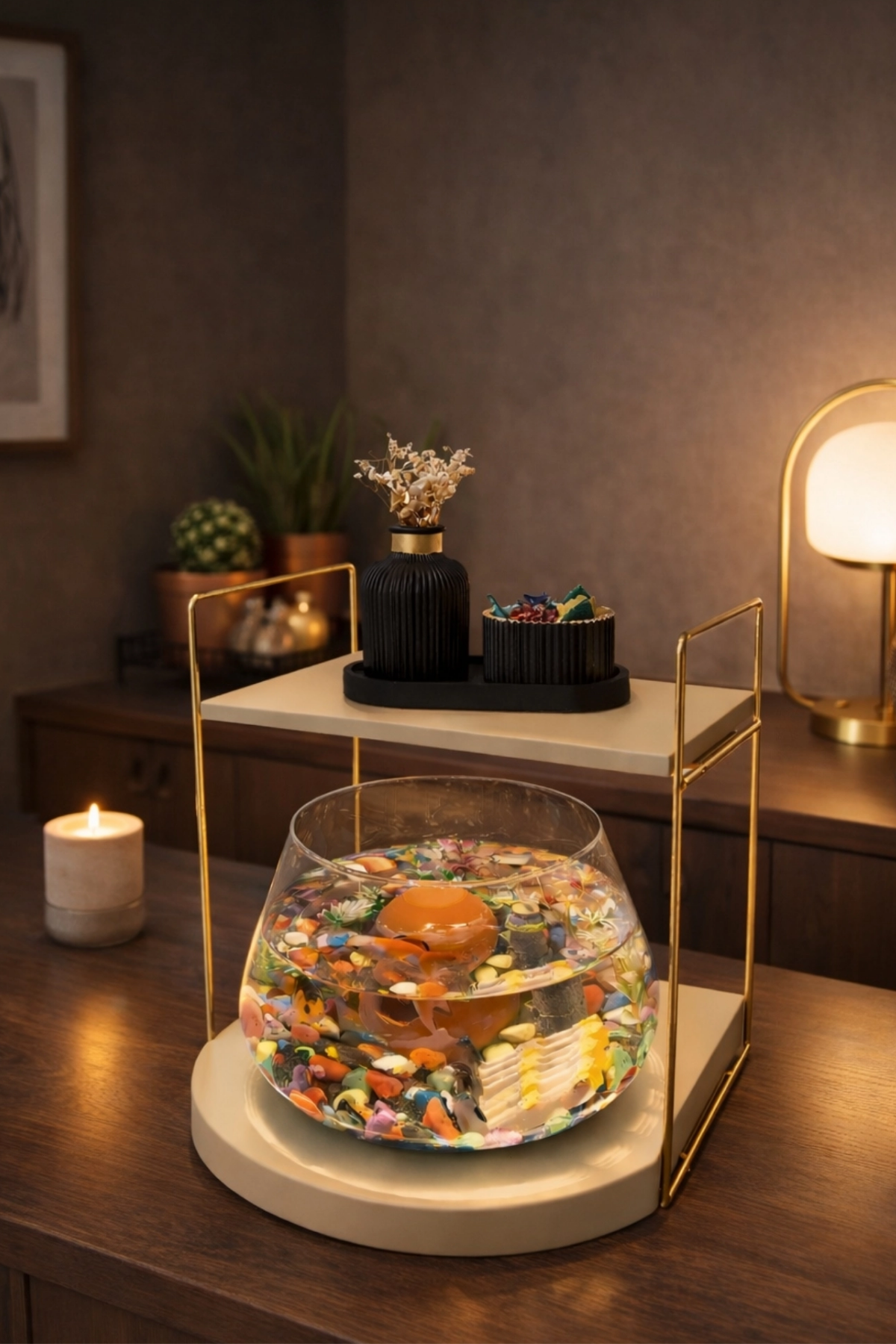 Reyo OK-AY Store Düz Raflı Işıklı Lüks Cam Fanus İçinde Beta Balığı İçin Özel Tasarım Masa Üstü Dekoratif Akvaryum Gold-Krem