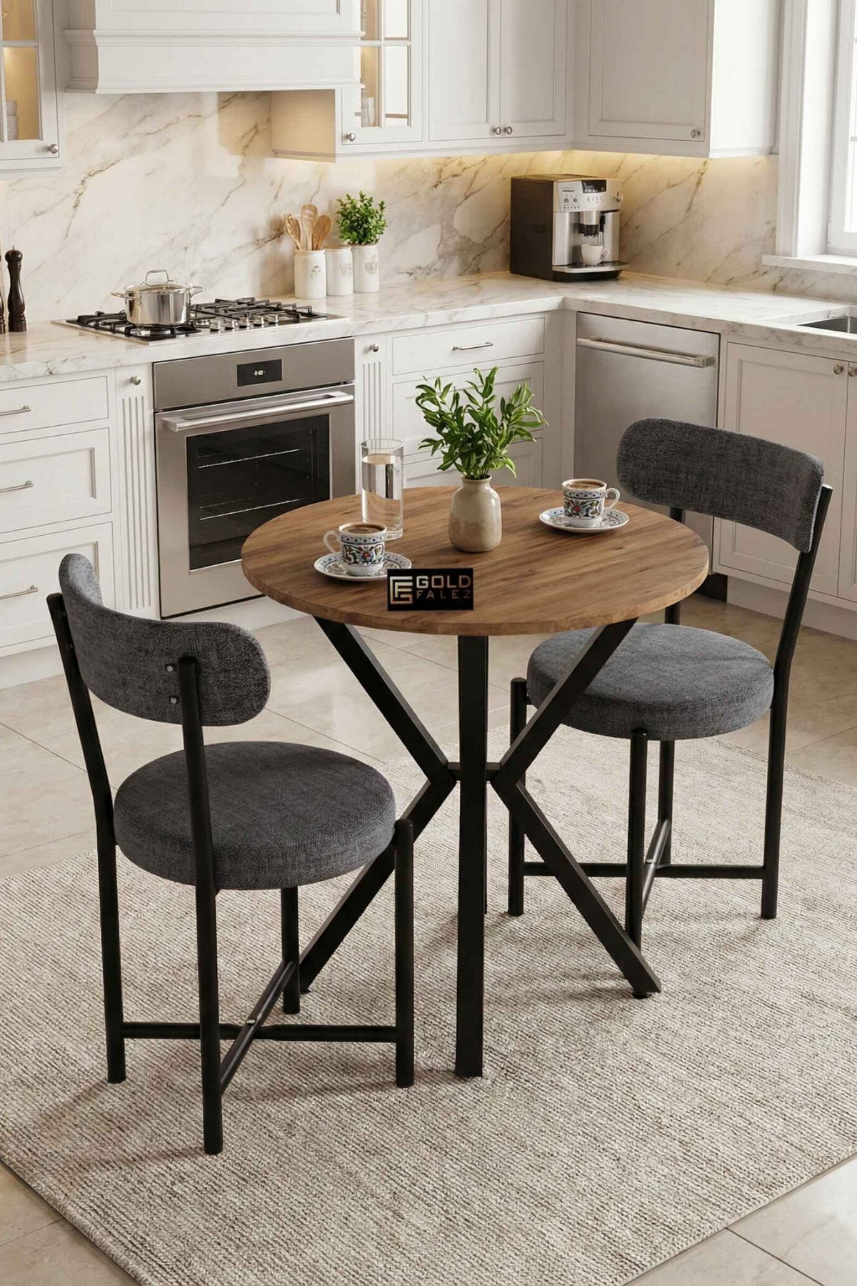 Reyo Falez Teddy Mutfak Masası 70 Çap, Yuvarlak, 2 Sandalyeli  Bahçe Balkon Masa Takımı Modern Set Atlantik Çam-Gri
