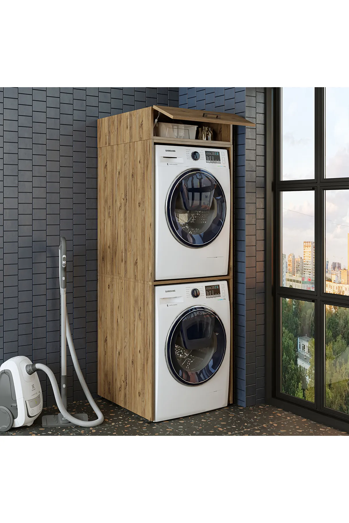 RoomArt Banyo Dolabı 196,2 x 67 cm Çamaşır Ve Kurutma Makinesi Dolabı Atlantik Çam