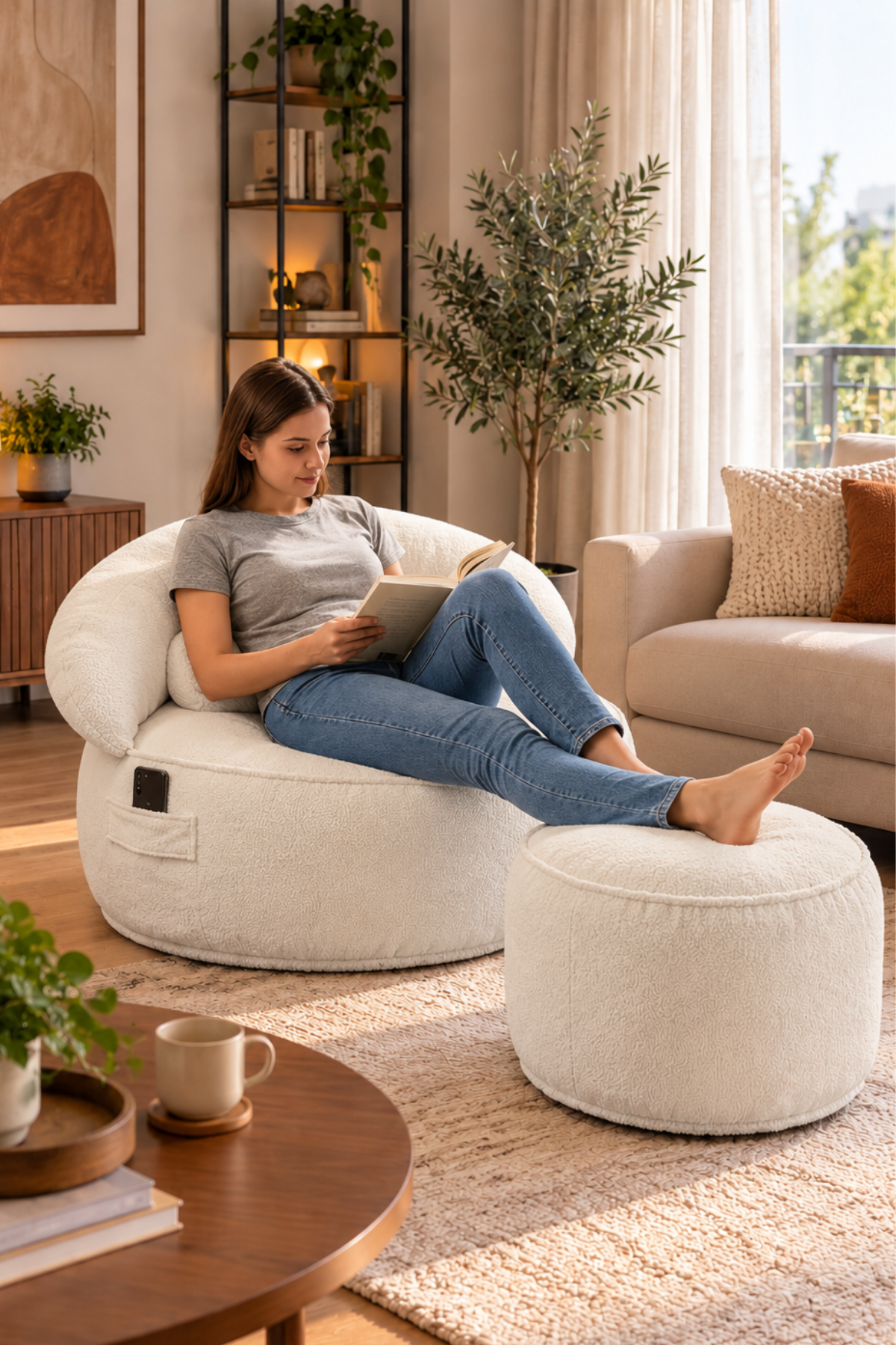 Pufymax Cozy Legom Çok Amaçlı Yuvarlak Puf Koltuk, Rahat Berjer ve Uzanma Koltuğu Beyaz