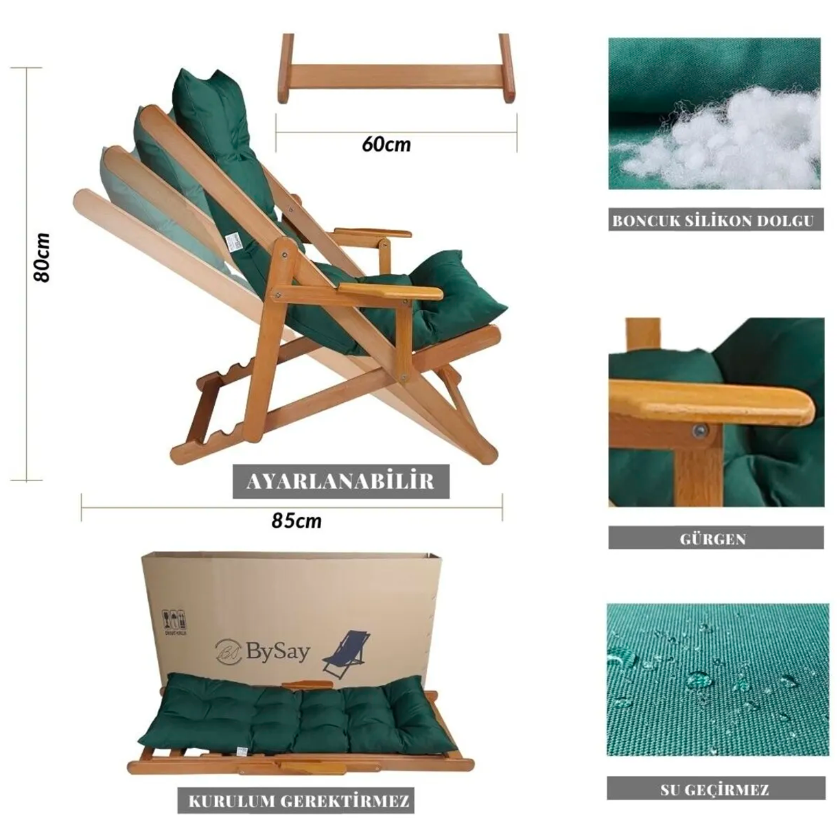 Bysay Ahşap Katlanabilir Taşinir Puf Minderli Kollu Şezlong Plaj Bahçe Teras Balkon Sandalyesi Koltuğu Takimi 4 Lü Set Haki