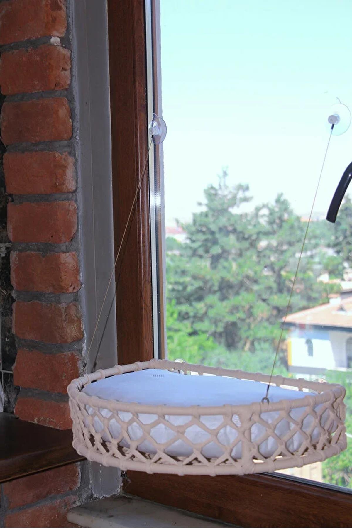 Tasaryum Kedi ve Köpek Vantuzlu Cam Yatağı, Hamak Krem