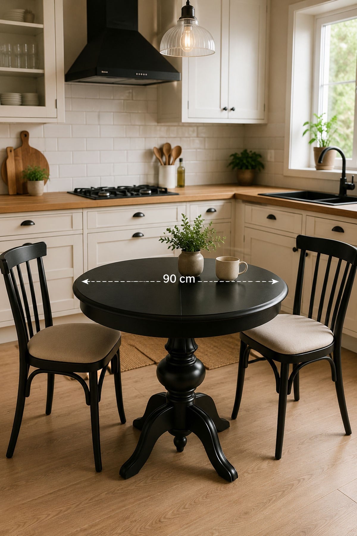Reyo Ezine Yuvarlak Masa 90 cm, 4 Kişilik Yemek Masası Siyah 