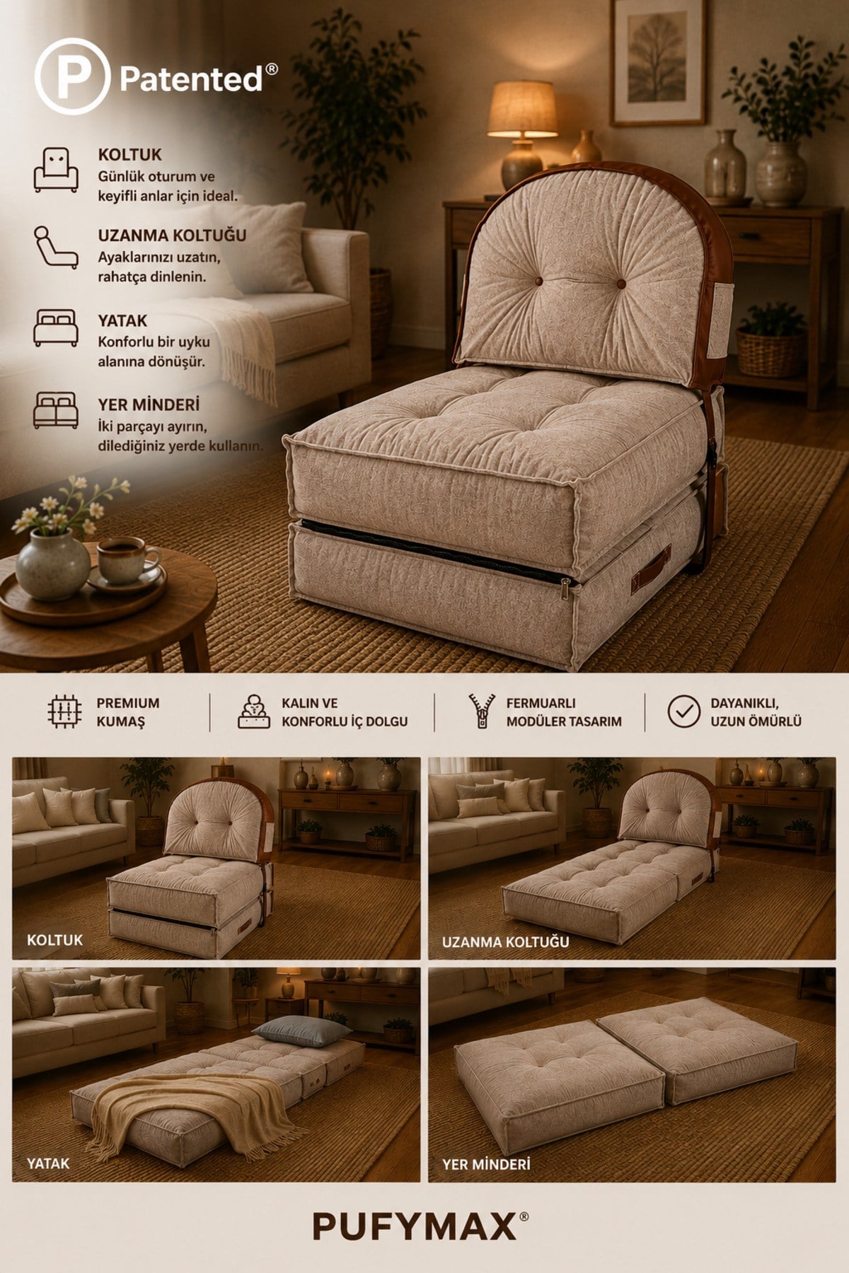 Pufymax Comfy Zen Oval Bohem Tekli Koltuk Yatak Olabilen Katlanır Berjer & Modüler Yer Yatağı 75x75x 90 cm Altın