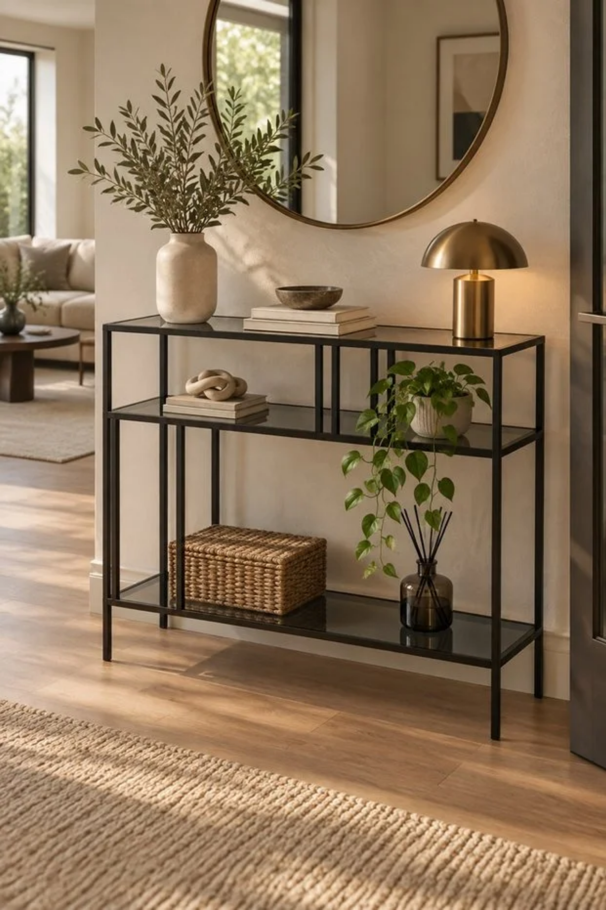 Reyo Mondrian Siyah Çerçeveli Füme Camlı Modern Salon Konsolu