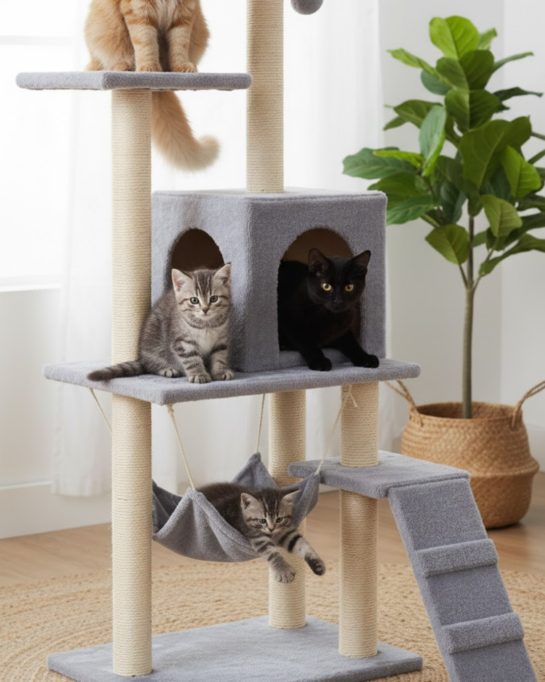 Reyo Pet B-07 Hamaklı Yuvalı Lüx Kedi Tırmalama Oyun Evi Gri