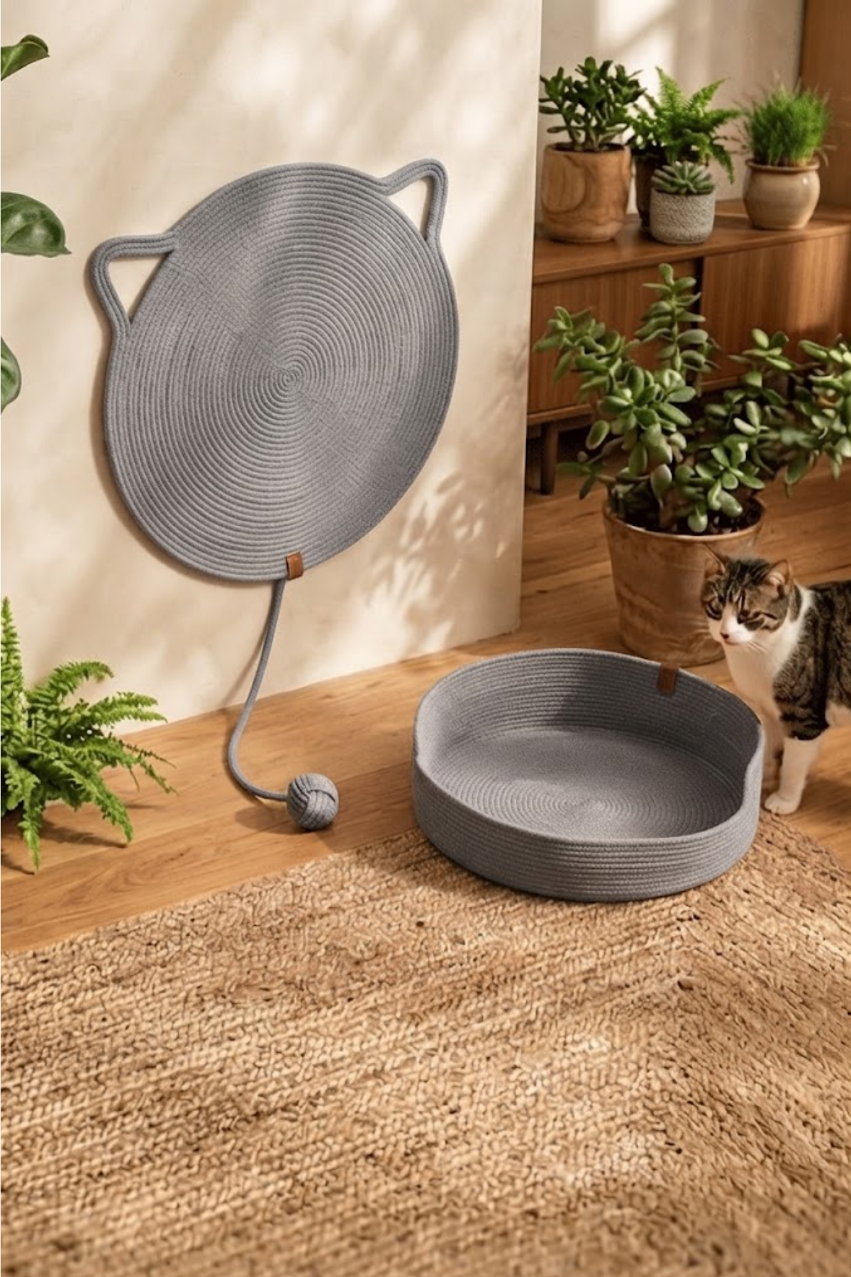 Reyo Pet El Yapımı Oyuncaklı Kedi Tırmalama Matı %100 Pamuk İpli Gri