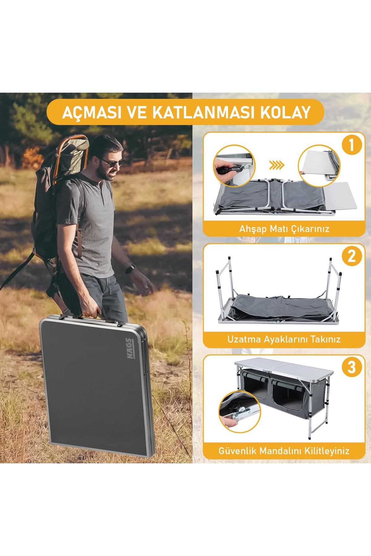 Haegs Saklama Dolaplı Kamp Masası, Outdoor Kamp Mutfağı, Kamp Dolabı, Katlanabilir Kamp Piknik Masası, Seyahat Mutfağı, Mutfak Dolabı, Depolama bölmeli, Dış Mekan Mutfağı 120x60cm- Naturel Meşe