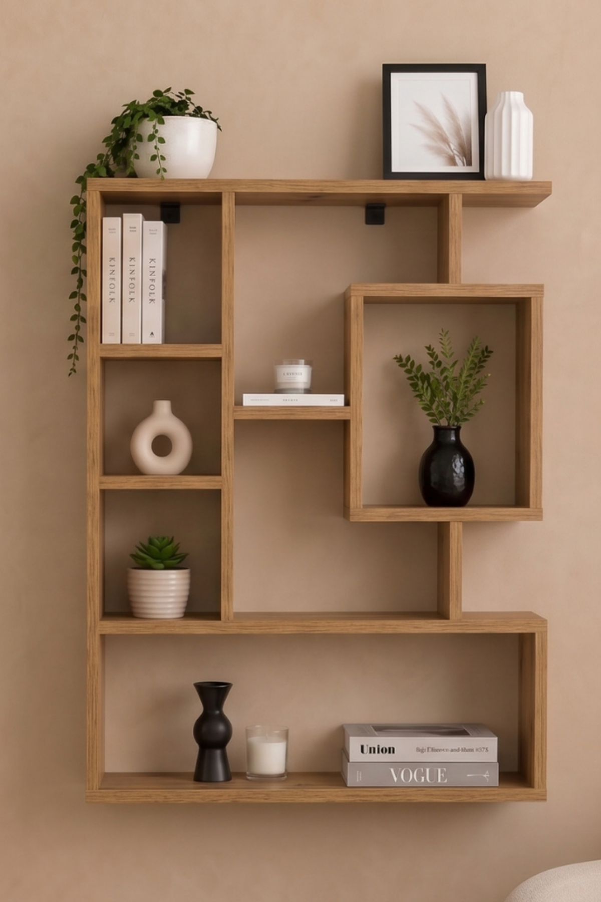 Enda Home Bigane Büyük Dekoratif Duvar Rafı 70,9 × 93,6 cm, Asimetrik Çok Bölmeli Duvara Monte Raf - Atlantik Çam