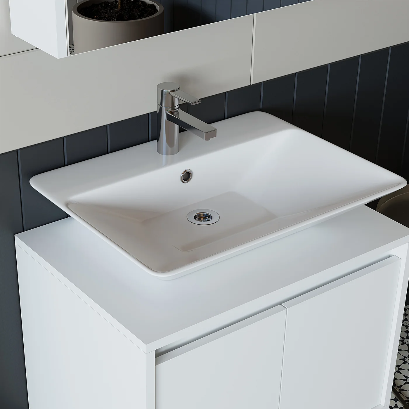 RoomArt Banos Banyo Ld7 65 Cm Ayaksız 2 Kapaklı Lavabolu Mat Beyaz Mdf