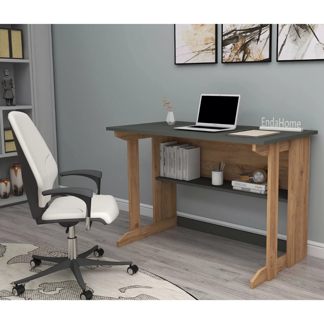 Enda Home Pillar Kütüphaneli Geniş Çalışma Masası 100x56 Cm Çam - Antrasit