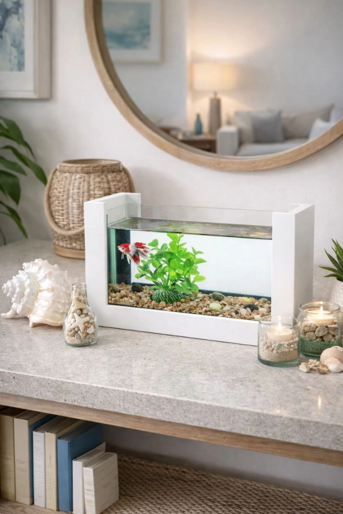Reyo OK-AY Store Beta Balığı İçin Ahşap Mini Akvaryum Modern Şık Doğal Minimal Tasarım Akvaryum Beyaz