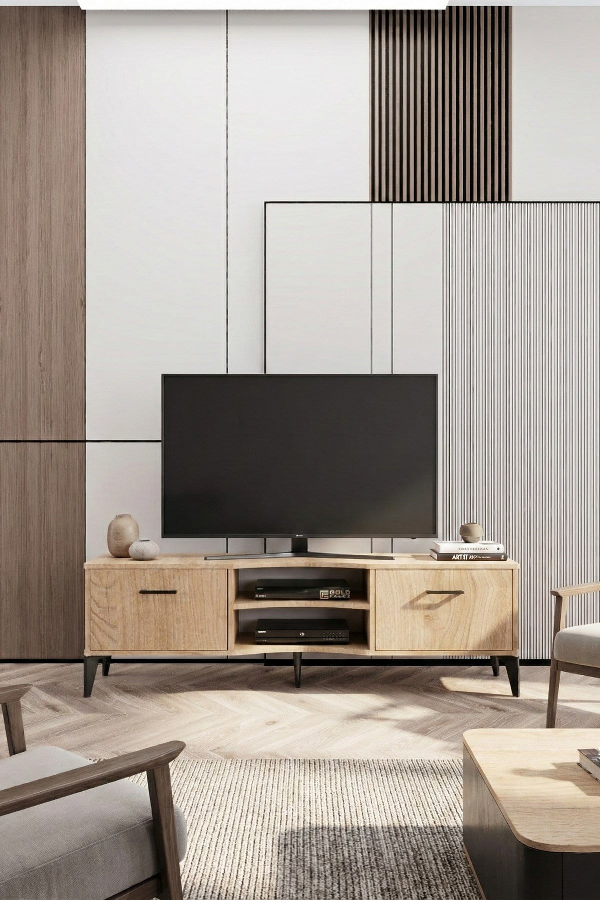 Reyo Falez Vera Tv Sehpası 160x35x50 cm Çok Amaçlı Televizyon Ünitesi Raflı Dolaplı Salon Oturma Odası 5057 Meşe