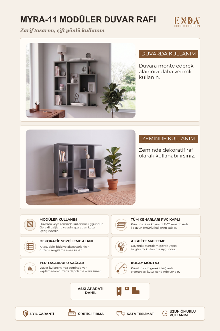 Enda Home Yegane Duvar Rafı, Duvar Kitaplığı, Dekoratif Kitaplık, Modern Kitaplık, Zeminde veya Duvarda Kullanıma Uygun Antrasit