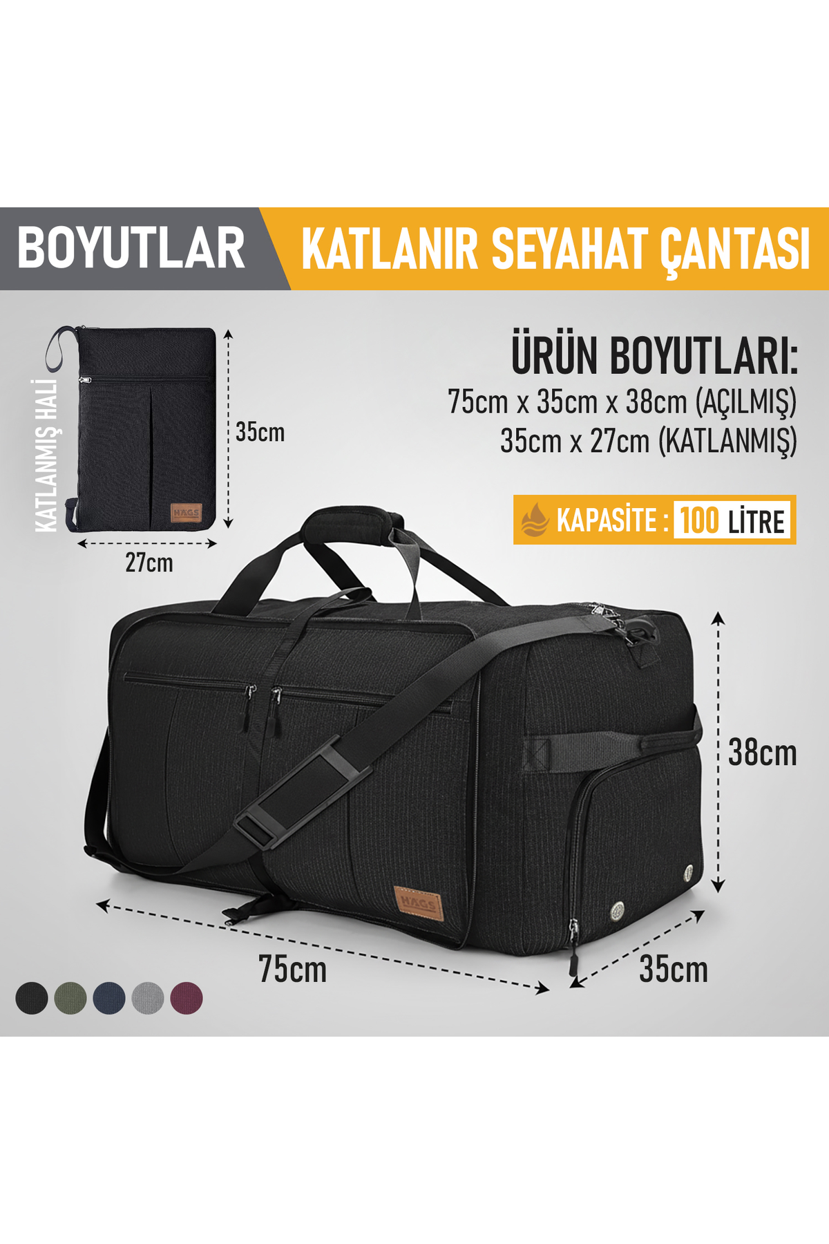 Haegs Katlanabilir Seyahat Çantası, Bavul Valiz Büyük Boy El Bagajı Çantası Erkekler ve Kadınlar için, Ayakkabı Bölmeli Hafta Sonu Geceleme, Katlanır Hurç Çanta 100L - Siyah